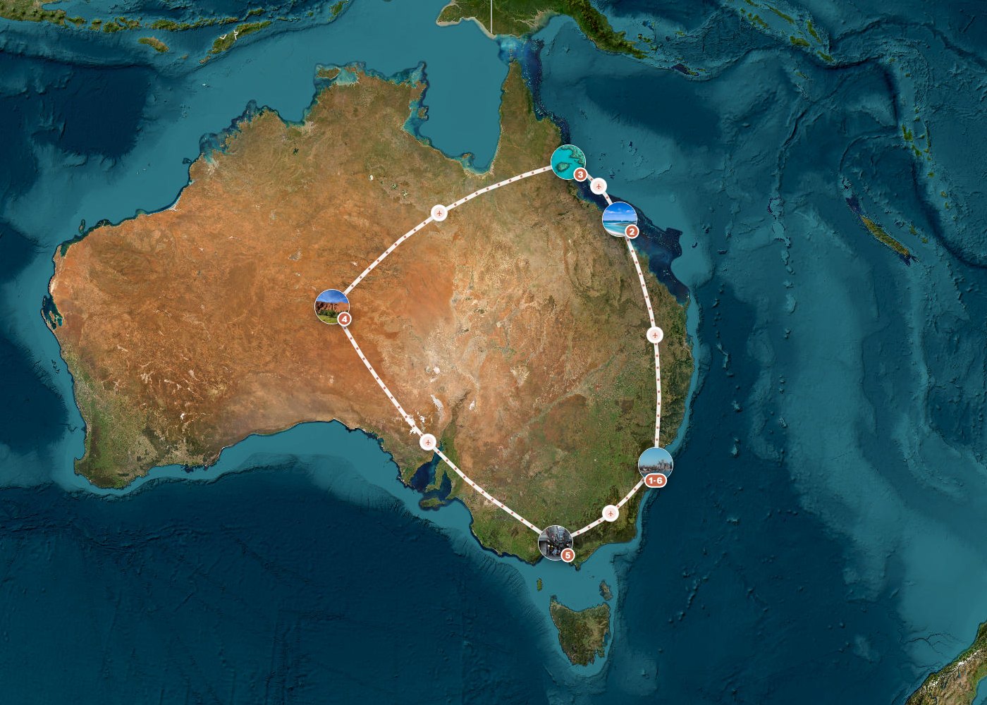 Routenkarte: Klassische Australien Rundreise für Paare (21 Tage Frühling) — 21 Tage, 6 Stopps, ~8.050 km, ideale Reisezeit: Frühling