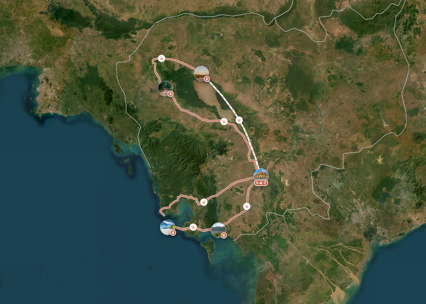 Routenkarte: Khmer-Odyssee: Von Angkor zu den Pfefferfeldern — 15 Tage, 7 Stopps, ~1.260 km, ideale Reisezeit: Winter