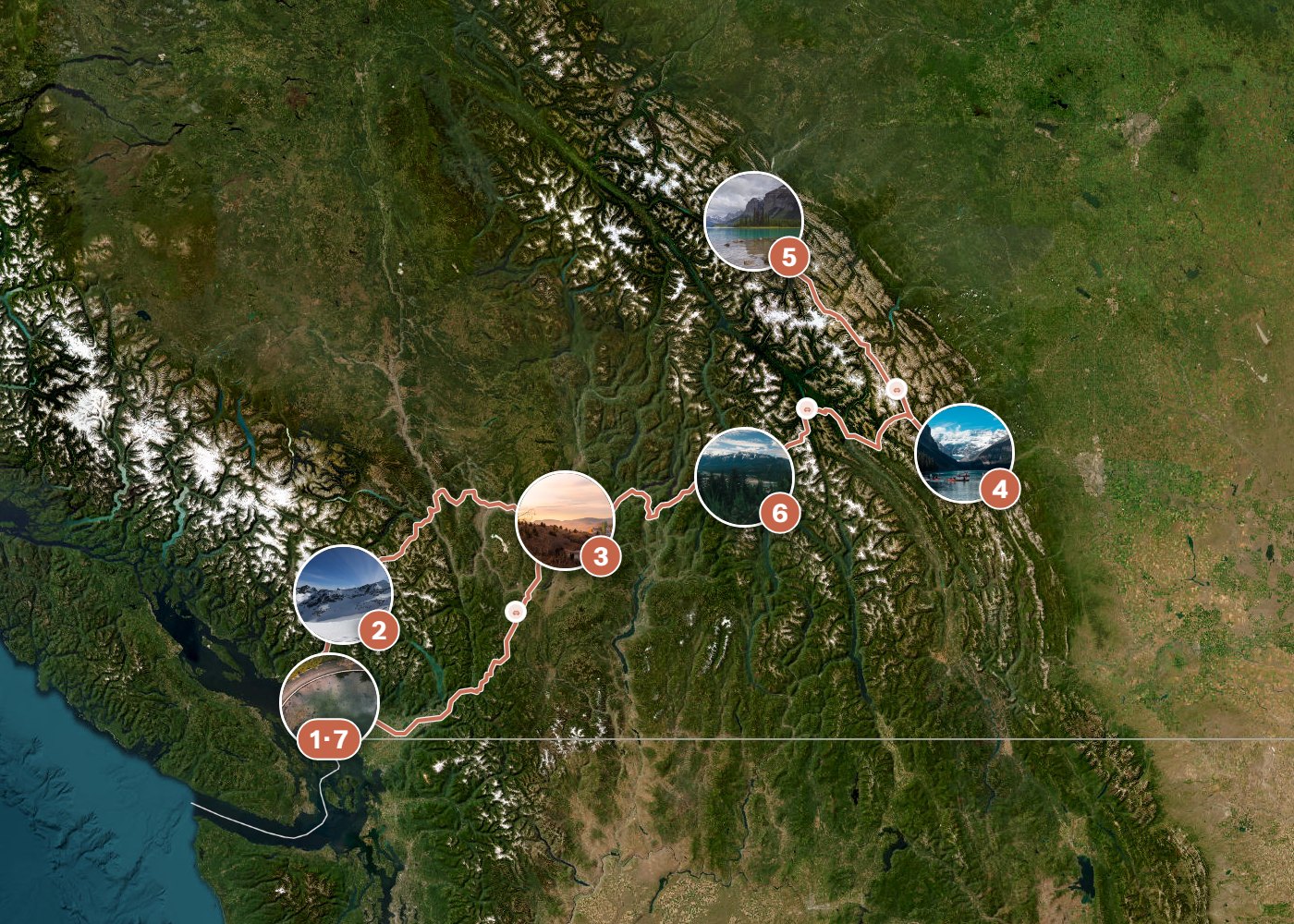 Routenkarte: Klassische Kanada-Route in 14 Tagen — 16 Tage, 7 Stopps, ~1.860 km, ideale Reisezeit: Sommer