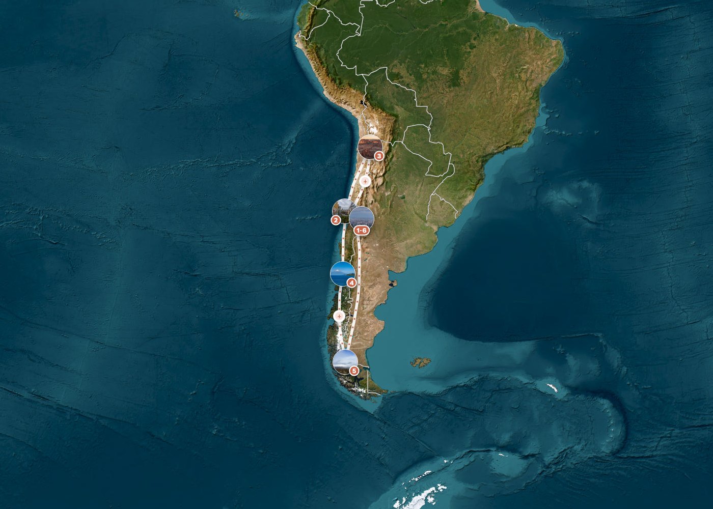 Routenkarte: Chiles Kontraste: Von der Atacama-Wüste zu den Gletschern Patagoniens — 17 Tage, 6 Stopps, ~8.210 km, ideale Reisezeit: Sommer