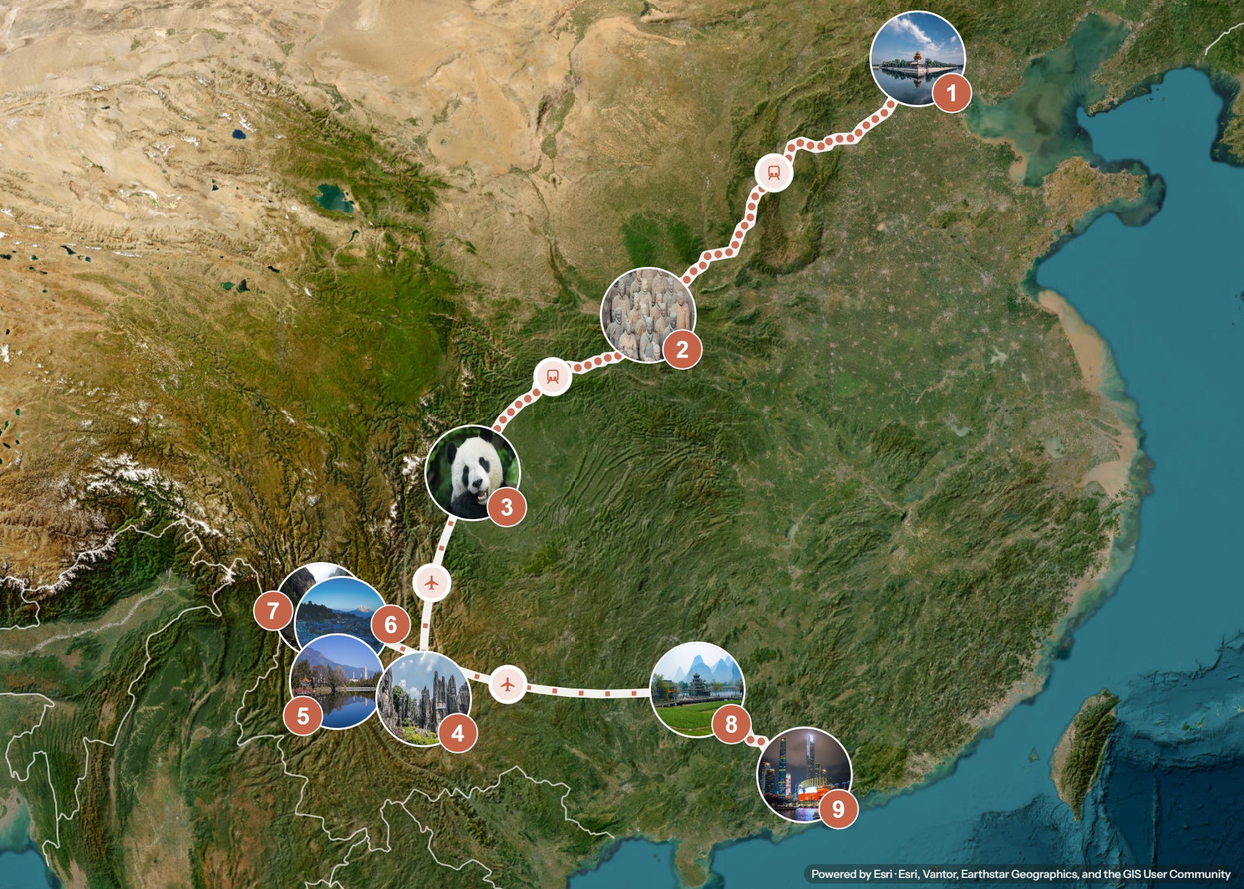 Routenkarte: China in vier Wochen: Peking, Sichuan, Yunnan und der Süden — 27 Tage, 9 Stopps, ~5.000 km, ideale Reisezeit: Herbst