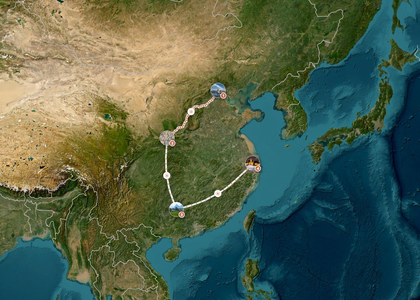 Routenkarte: Klassische China-Route in 15 Tagen — 15 Tage, 4 Stopps, ~4.000 km, ideale Reisezeit: Herbst