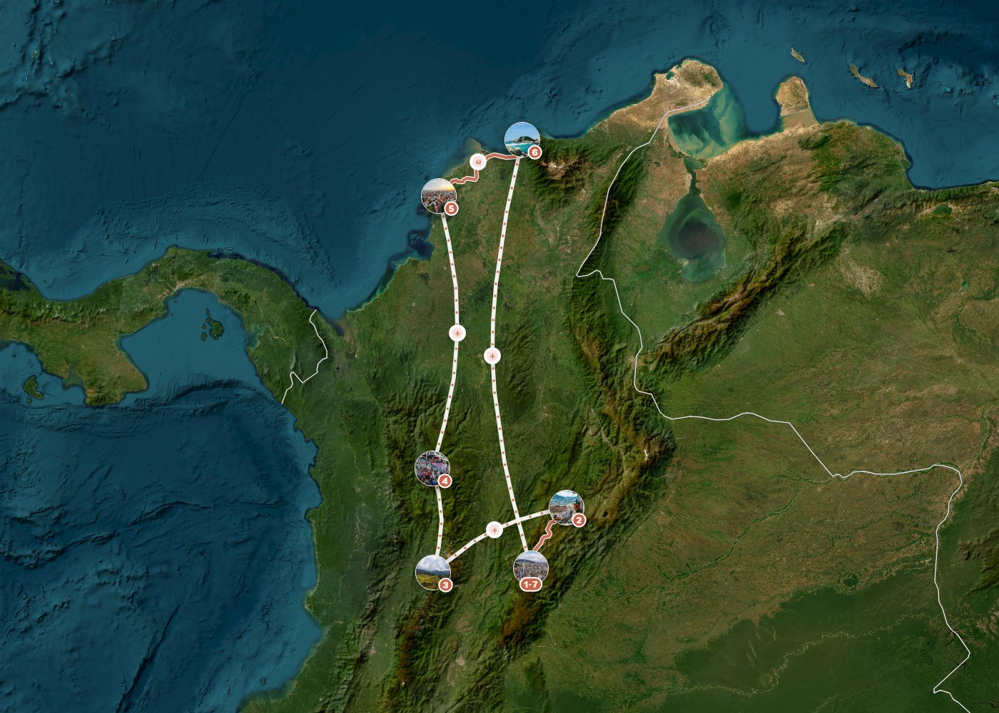 Routenkarte: Klassisches Kolumbien in 15 Tagen — 15 Tage, 7 Stopps, ~2.380 km, ideale Reisezeit: Herbst