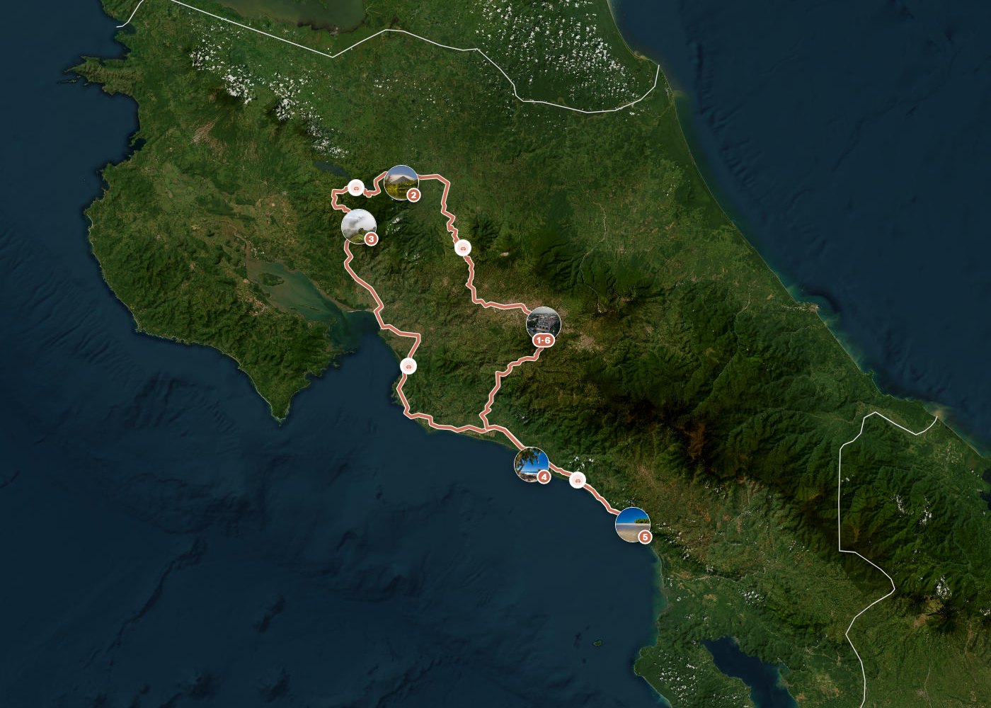 Routenkarte: Costa Rica mit Kind: Vulkane, Nebelwald & Pazifik — 14 Tage, 6 Stopps, ~470 km, ideale Reisezeit: Winter