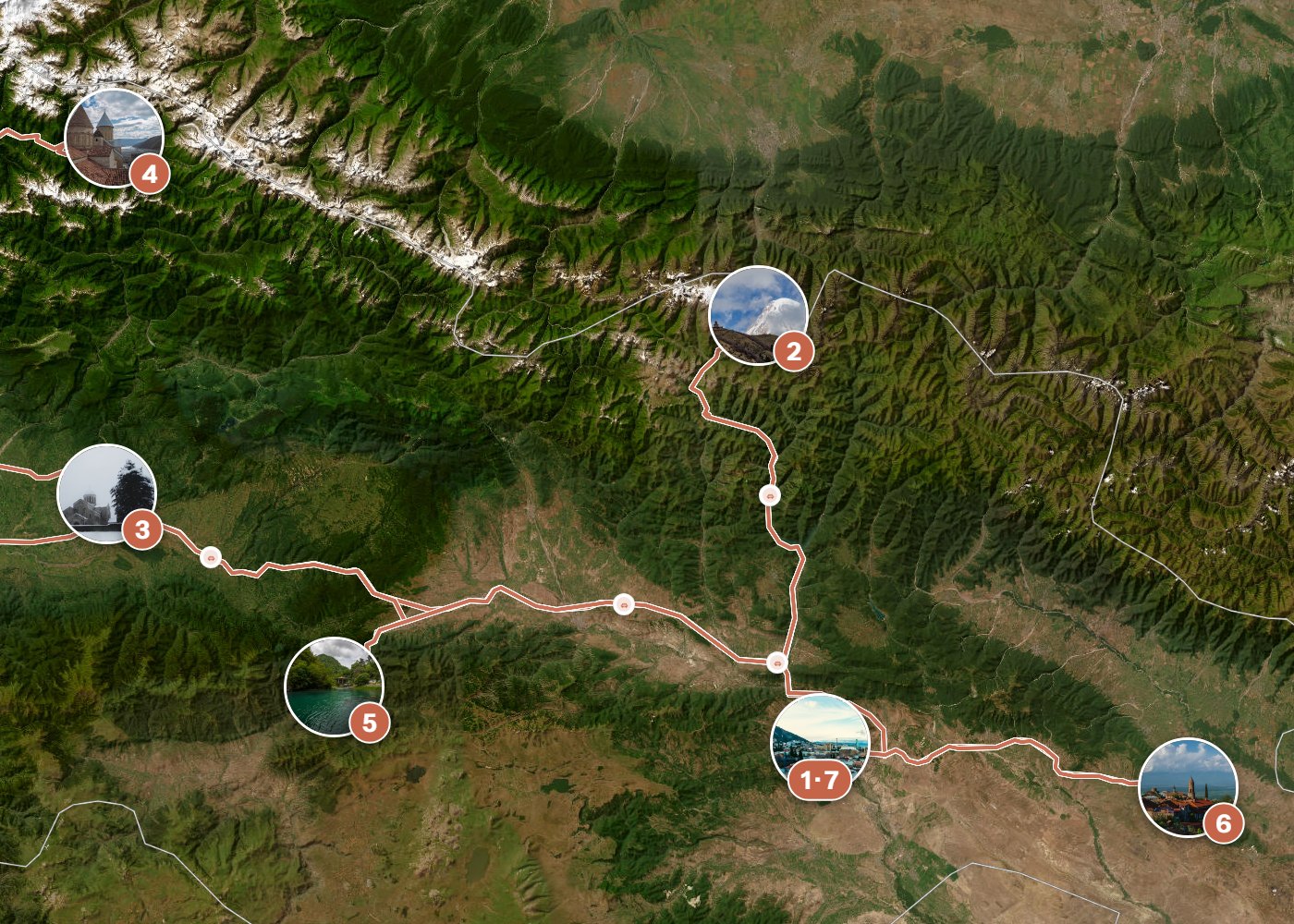 Routenkarte: Großer Kaukasus-Loop: Tbilissi, Svaneti & die Weinberge — 18 Tage, 7 Stopps, ~1.010 km, ideale Reisezeit: Sommer