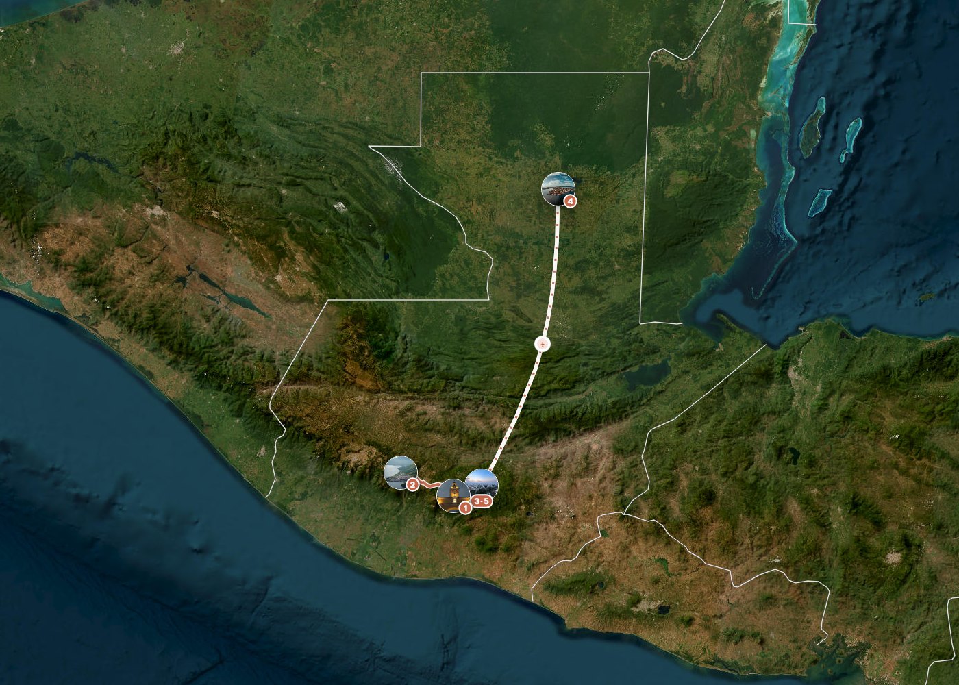 Routenkarte: Maya-Schätze & Vulkanlandschaften: Guatemalas Klassische Route (14 Tage) — 14 Tage, 5 Stopps, ~810 km, ideale Reisezeit: Winter