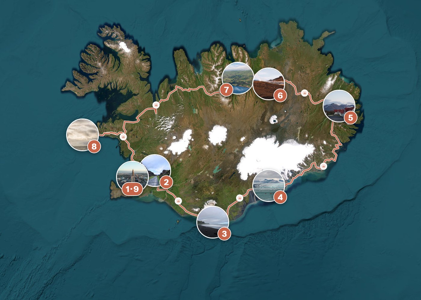 Routenkarte: Islands große Ringstraße: Feuer, Eis & Mitternachtssonne — 14 Tage, 9 Stopps, ~1.320 km, ideale Reisezeit: Sommer