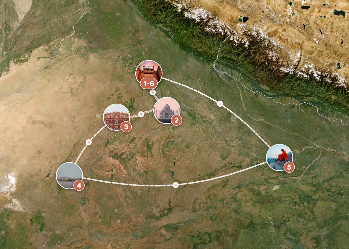 Routenkarte: Klassische Indien-Route in 15 Tagen — 15 Tage, 6 Stopps, ~2.930 km, ideale Reisezeit: Herbst