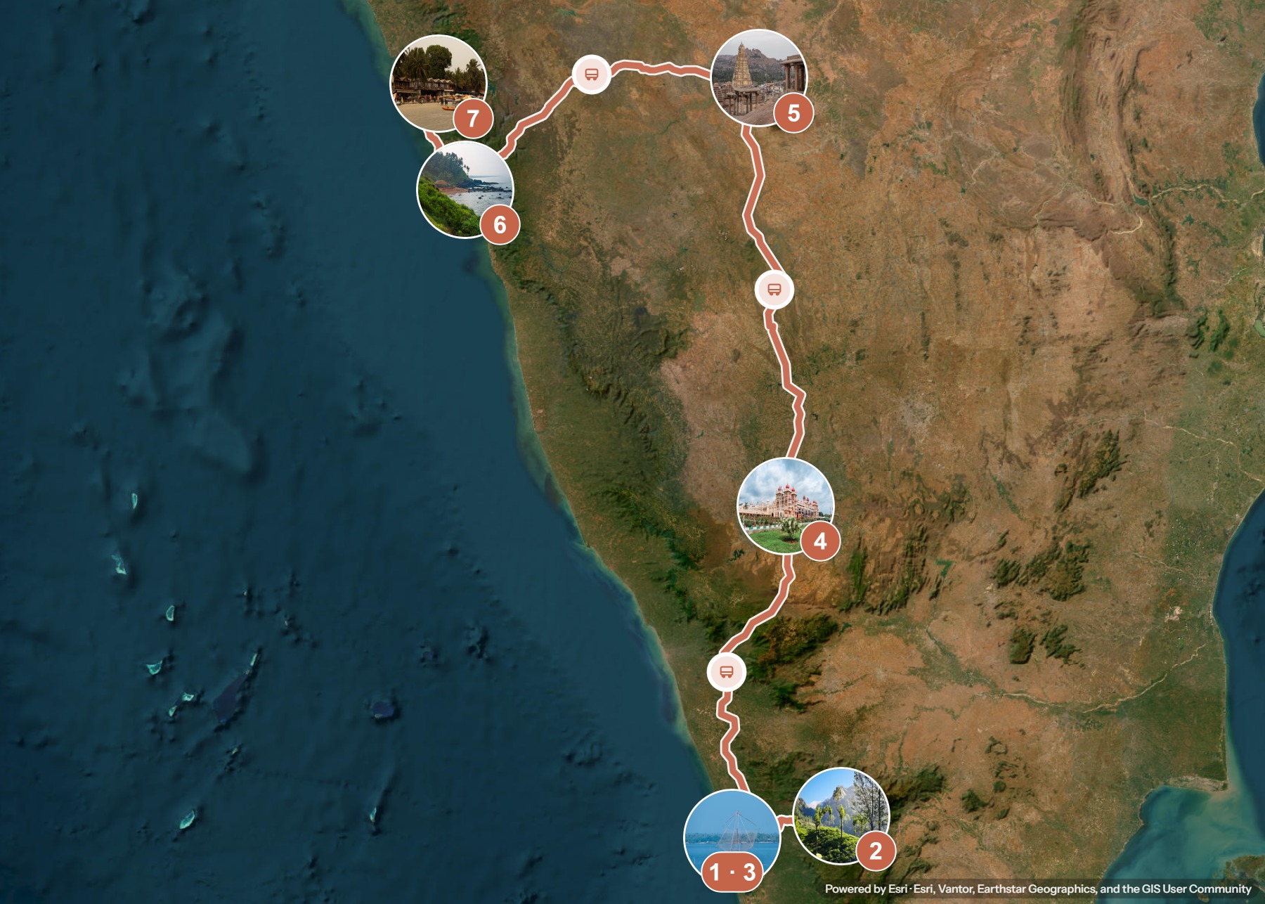 Routenkarte: Südindische Küsten und Königsstädte: Von Kerala nach Goa — 15 Tage, 7 Stopps, ~1.390 km, ideale Reisezeit: Winter