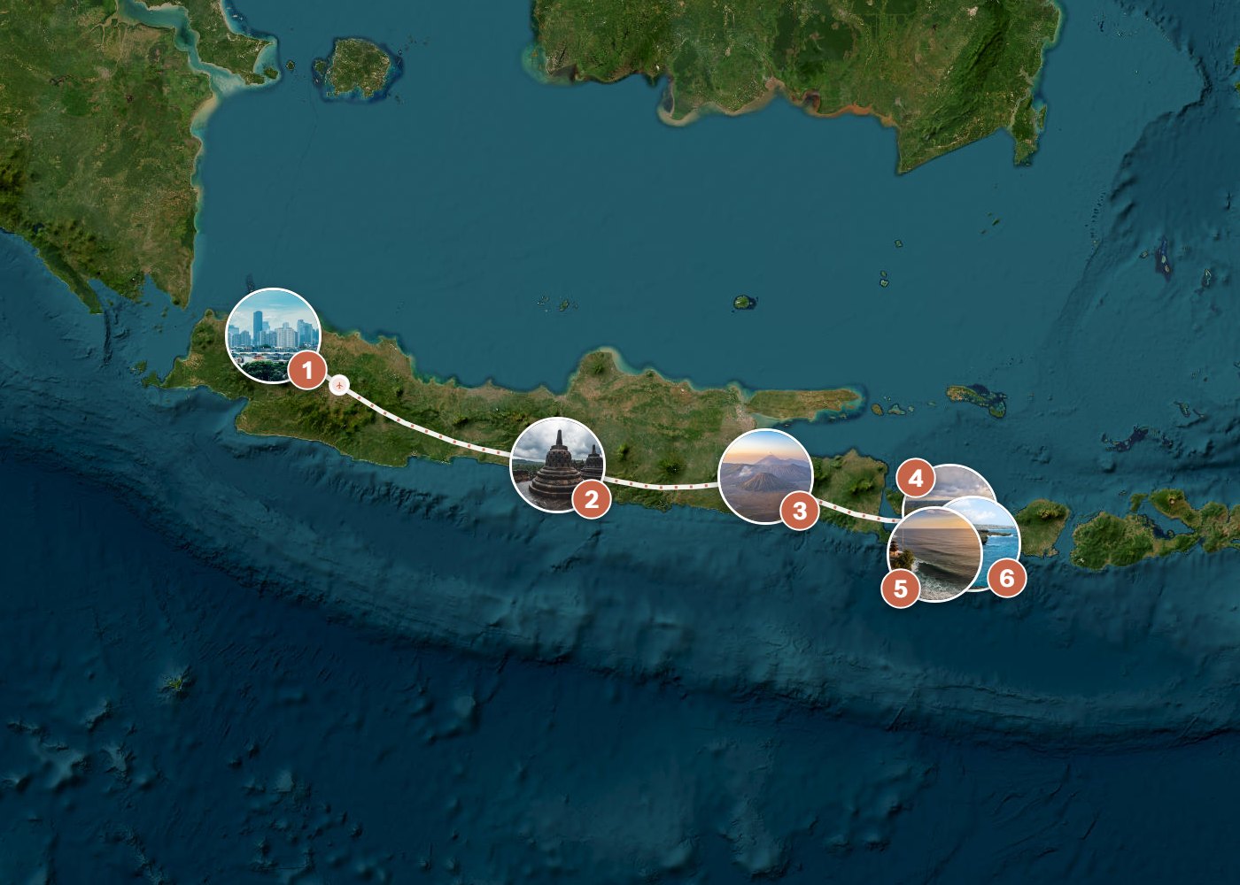 Routenkarte: Indonesien: Von Javas Tempeln zu Balis Inselwelt — 16 Tage, 6 Stopps, ~1.320 km, ideale Reisezeit: Sommer