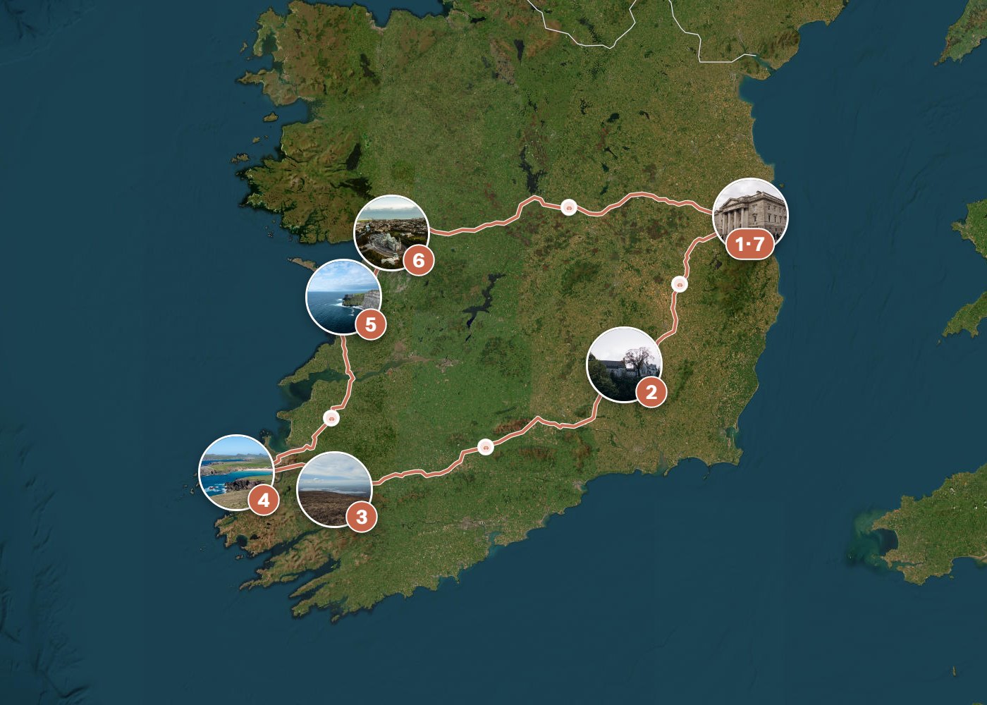 Routenkarte: Klassische Irland-Route in 11 Tagen — 11 Tage, 7 Stopps, ~820 km, ideale Reisezeit: Sommer