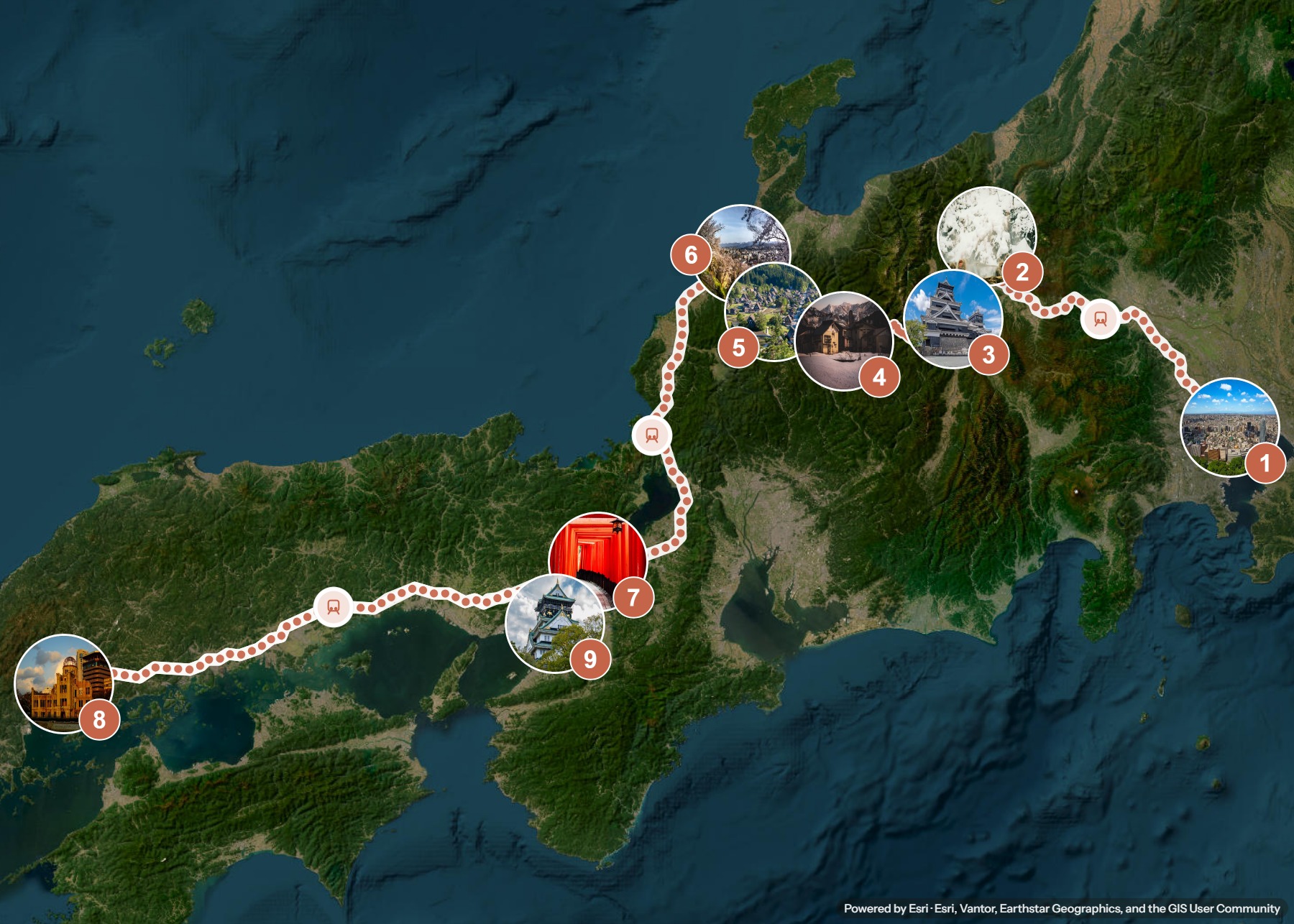 Routenkarte: Japan-Frühling: Von Tokio durch die Alpen nach Kyoto und Hiroshima — 21 Tage, 9 Stopps, ~1.430 km, ideale Reisezeit: Frühling