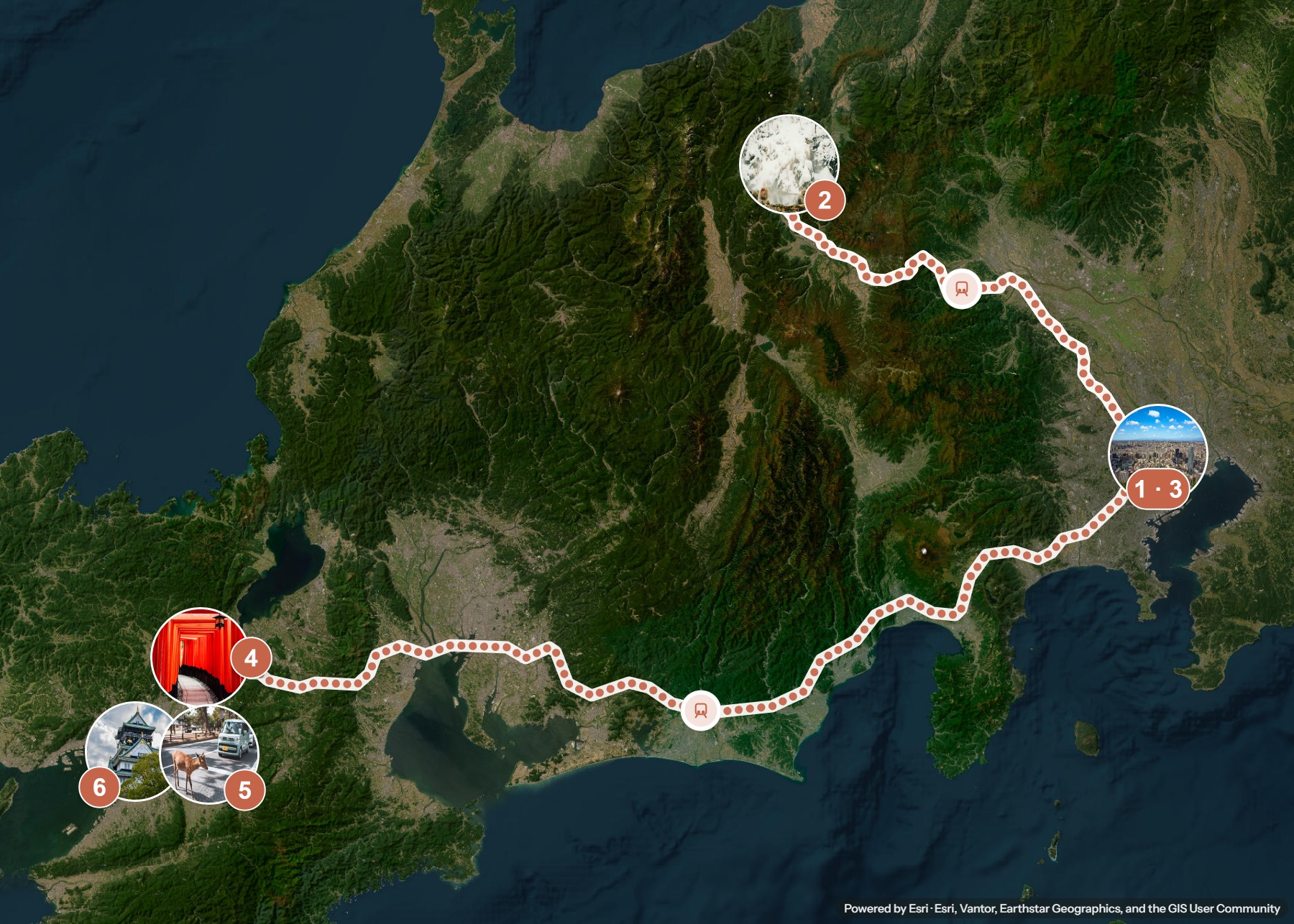 Routenkarte: Japan mit Kindern: Tokio, Schneeaffen und die Rehe von Nara — 15 Tage, 6 Stopps, ~970 km, ideale Reisezeit: Herbst