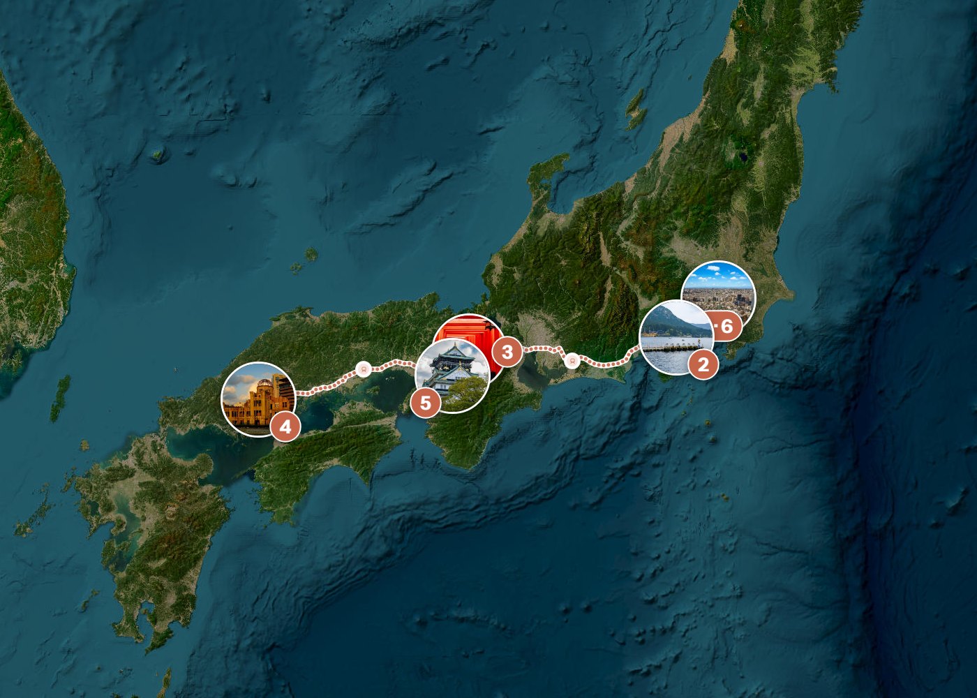 Routenkarte: Japanische Entdeckungsreise: Von Metropolen zu Vulkanen und Kaiserstädten — 14 Tage, 6 Stopps, ~1.710 km, ideale Reisezeit: Frühling
