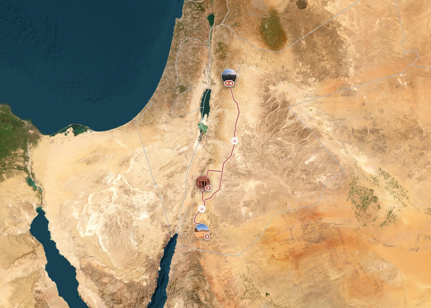 Routenkarte: Königliche Route durch Jordaniens Wüsten und Wunder — 9 Tage, 4 Stopps, ~670 km, ideale Reisezeit: Herbst