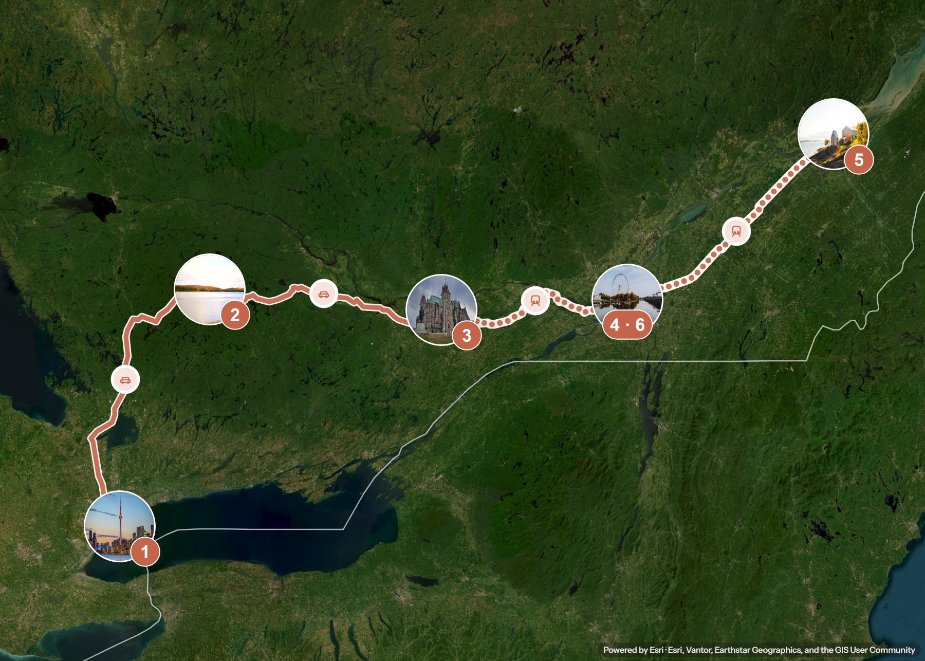 Routenkarte: Ostkanada-Roadtrip: Metropolen und Indian Summer — 15 Tage, 6 Stopps, ~1.340 km, ideale Reisezeit: Herbst