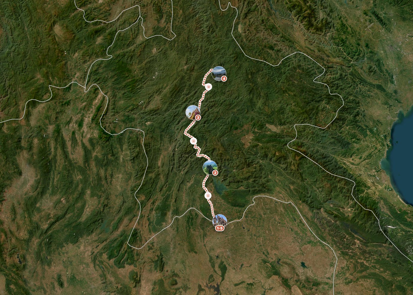 Routenkarte: Mekong-Express: Von Vientiane bis zu den Karstbergen des Nordens — 14 Tage, 5 Stopps, ~750 km, ideale Reisezeit: Winter