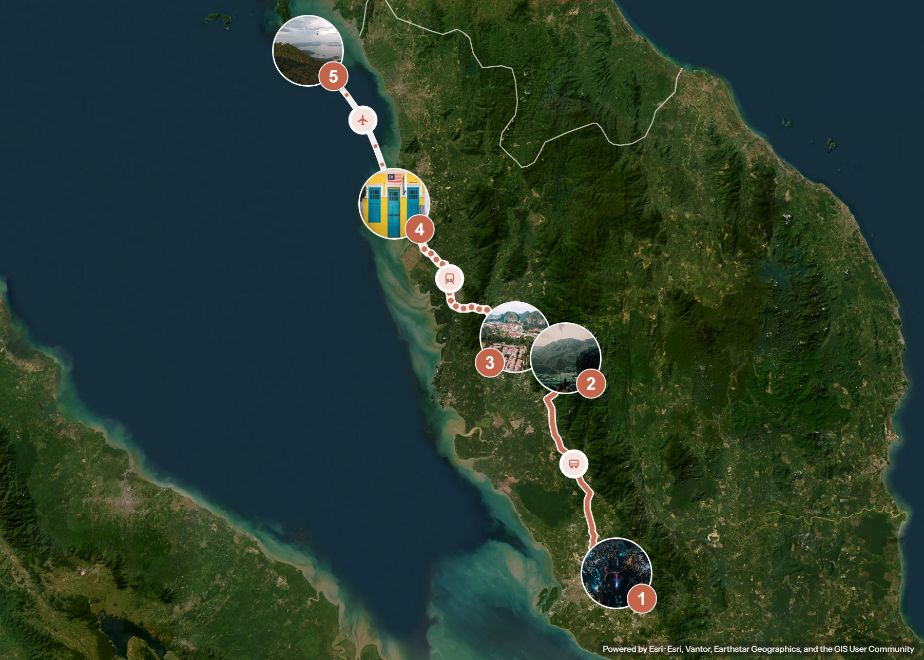 Routenkarte: Malaysia mit Kindern: Westküste von Kuala Lumpur nach Langkawi — 15 Tage, 5 Stopps, ~540 km, ideale Reisezeit: Winter
