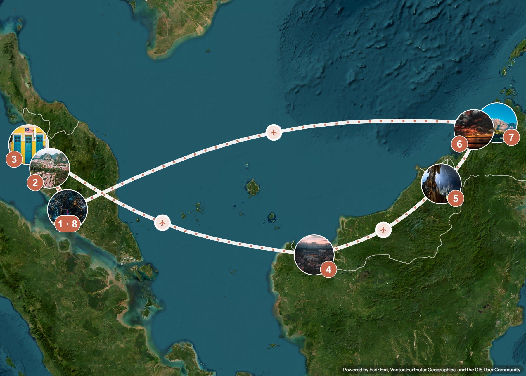 Routenkarte: Halbinsel und Borneo: Malaysias ganze Vielfalt — 19 Tage, 8 Stopps, ~5.090 km, ideale Reisezeit: Frühling