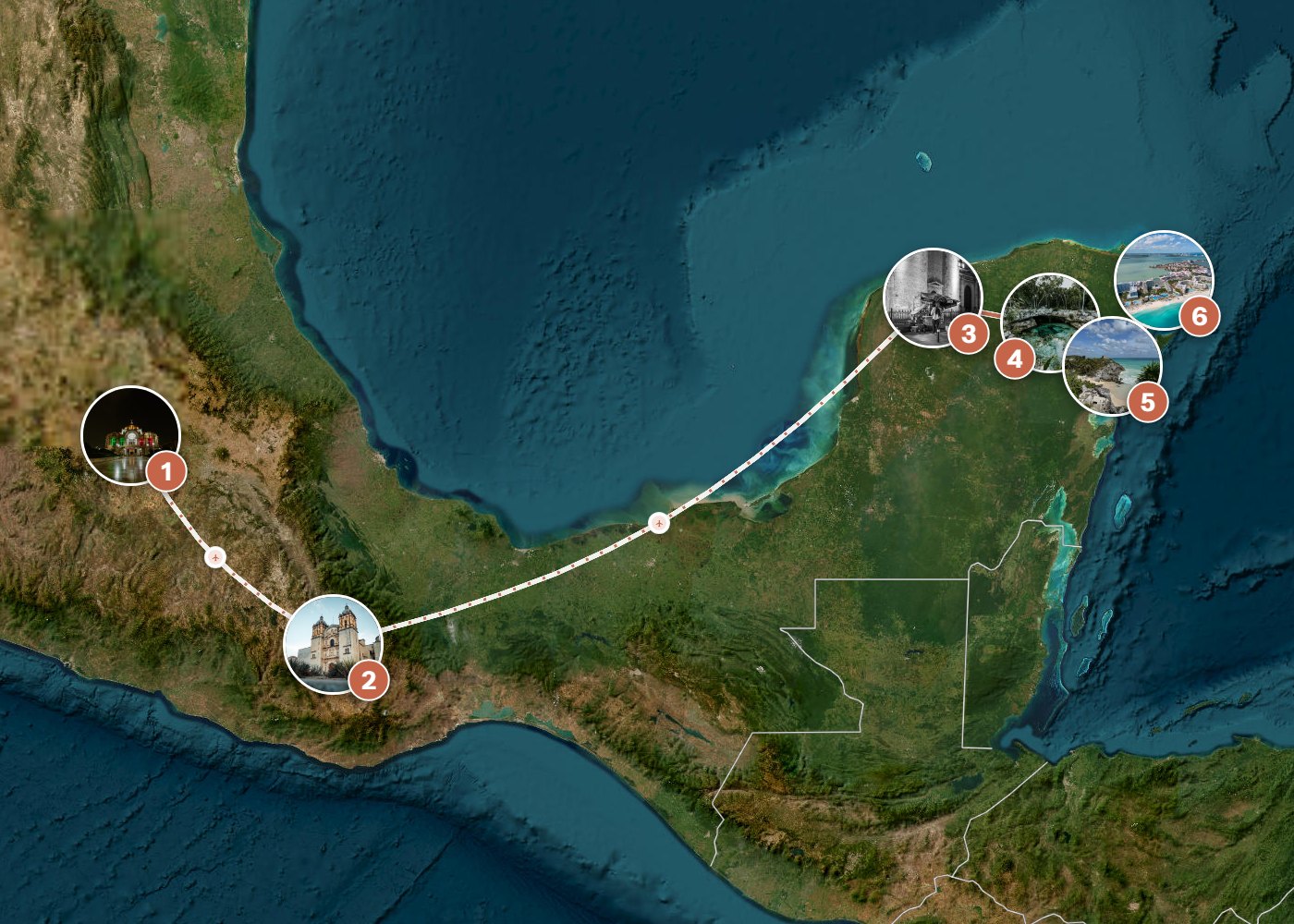 Routenkarte: Mexiko-Klassiker: Von der Hauptstadt zur Karibik — 15 Tage, 6 Stopps, ~1.990 km, ideale Reisezeit: Winter