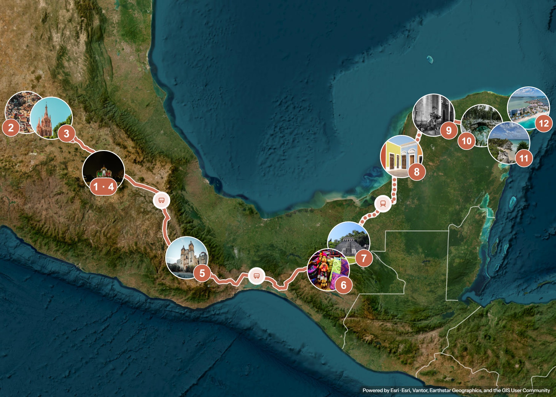 Routenkarte: Vier Wochen Mexiko: Hochland, Chiapas und Yucatán — 28 Tage, 12 Stopps, ~2.890 km, ideale Reisezeit: Winter