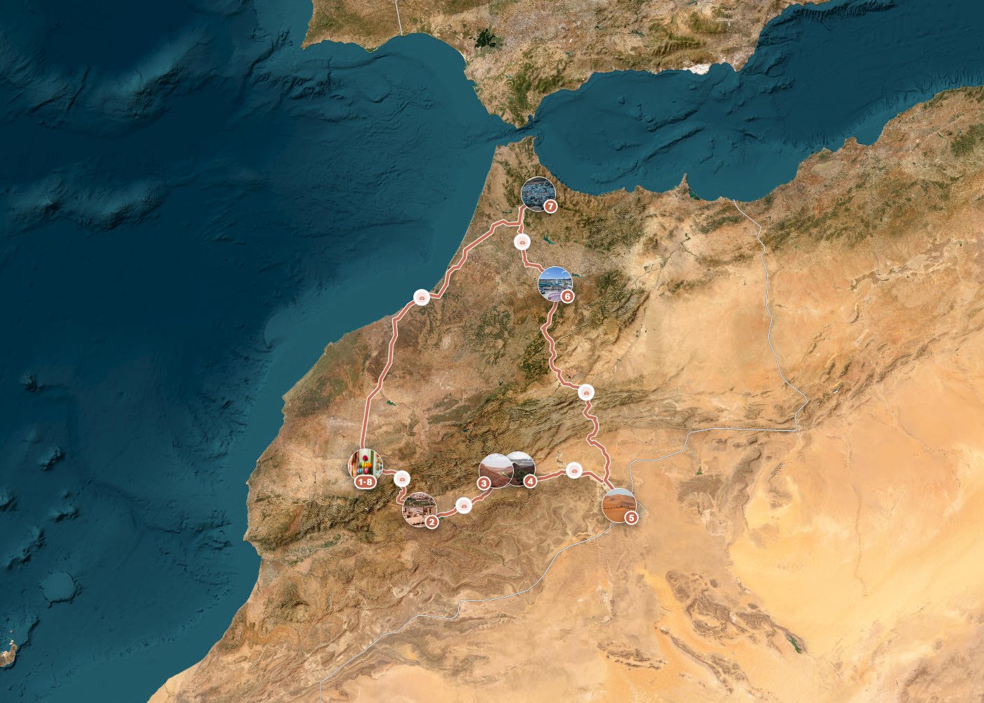 Routenkarte: Große Marokko-Schleife: Kasbahs, Sahara & Blaue Berge — 14 Tage, 8 Stopps, ~1.700 km, ideale Reisezeit: Frühling