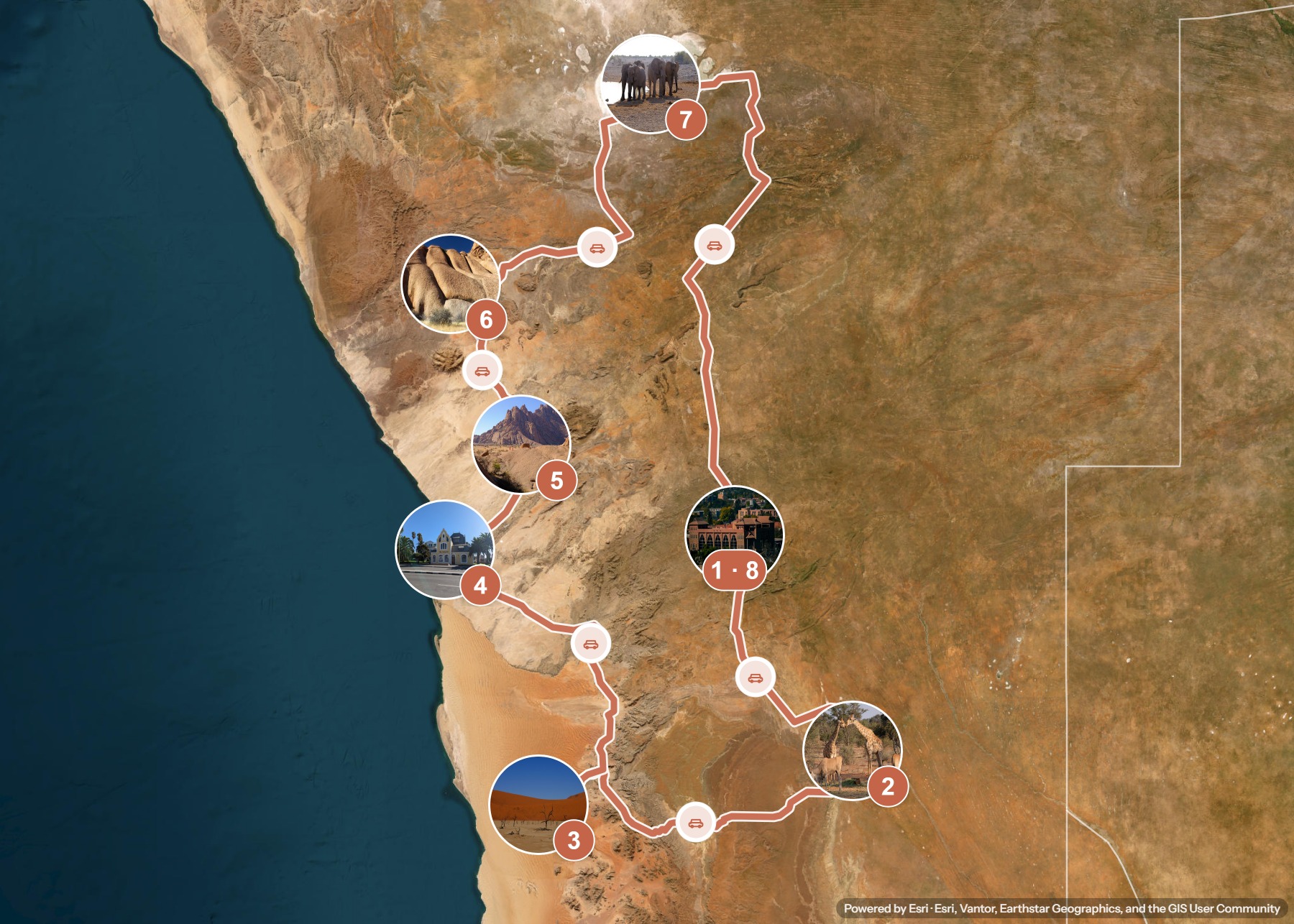 Routenkarte: Namibia-Rundreise: Wüste, Küste und Tierwelt im Selbstfahrer-Modus — 14 Tage, 8 Stopps, ~3.100 km, ideale Reisezeit: Sommer