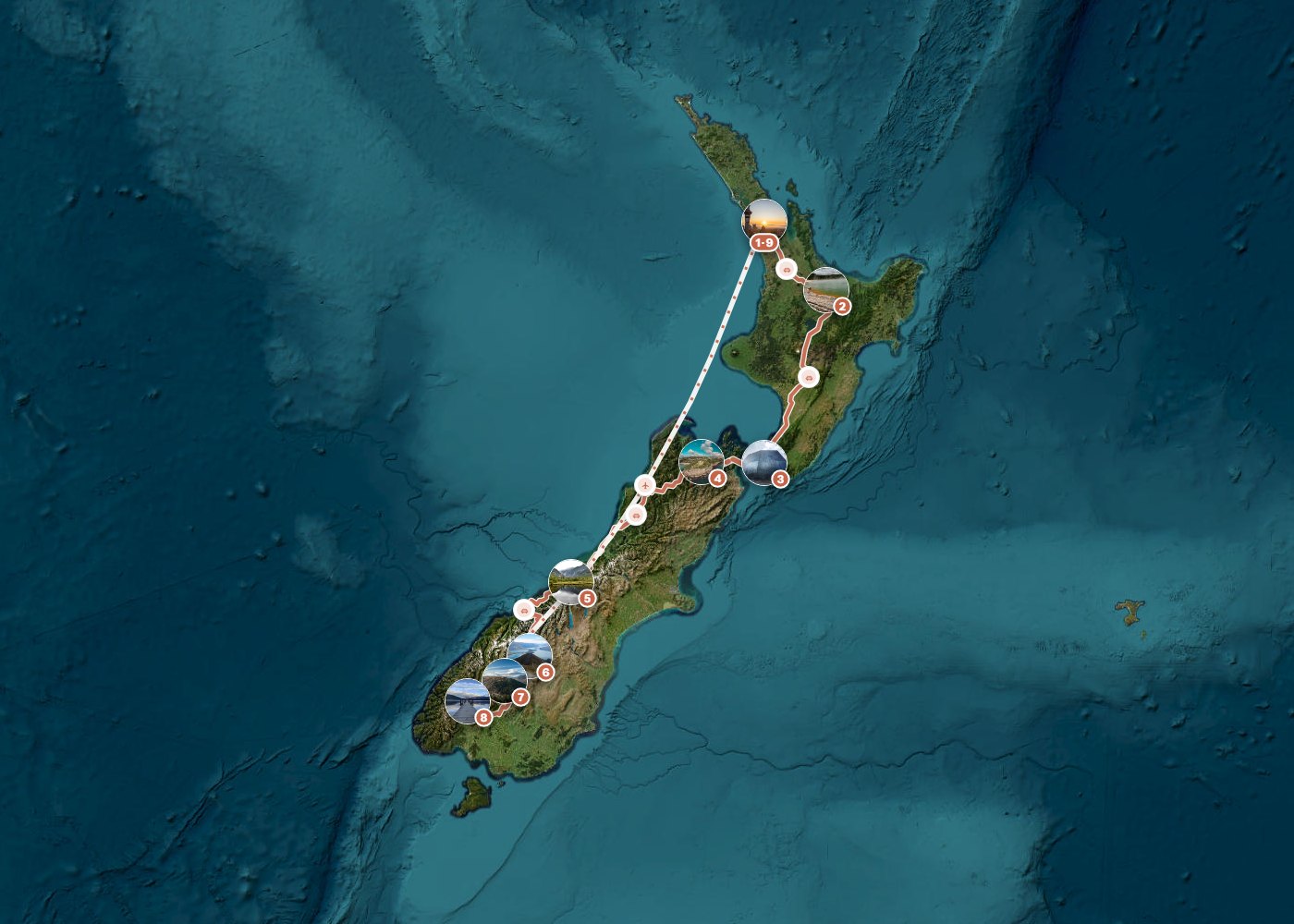 Routenkarte: Sommer-Roadtrip durch Aotearoa: Nord- und Südinsel von Auckland bis zum Milford Sound — 18 Tage, 9 Stopps, ~3.080 km, ideale Reisezeit: Sommer