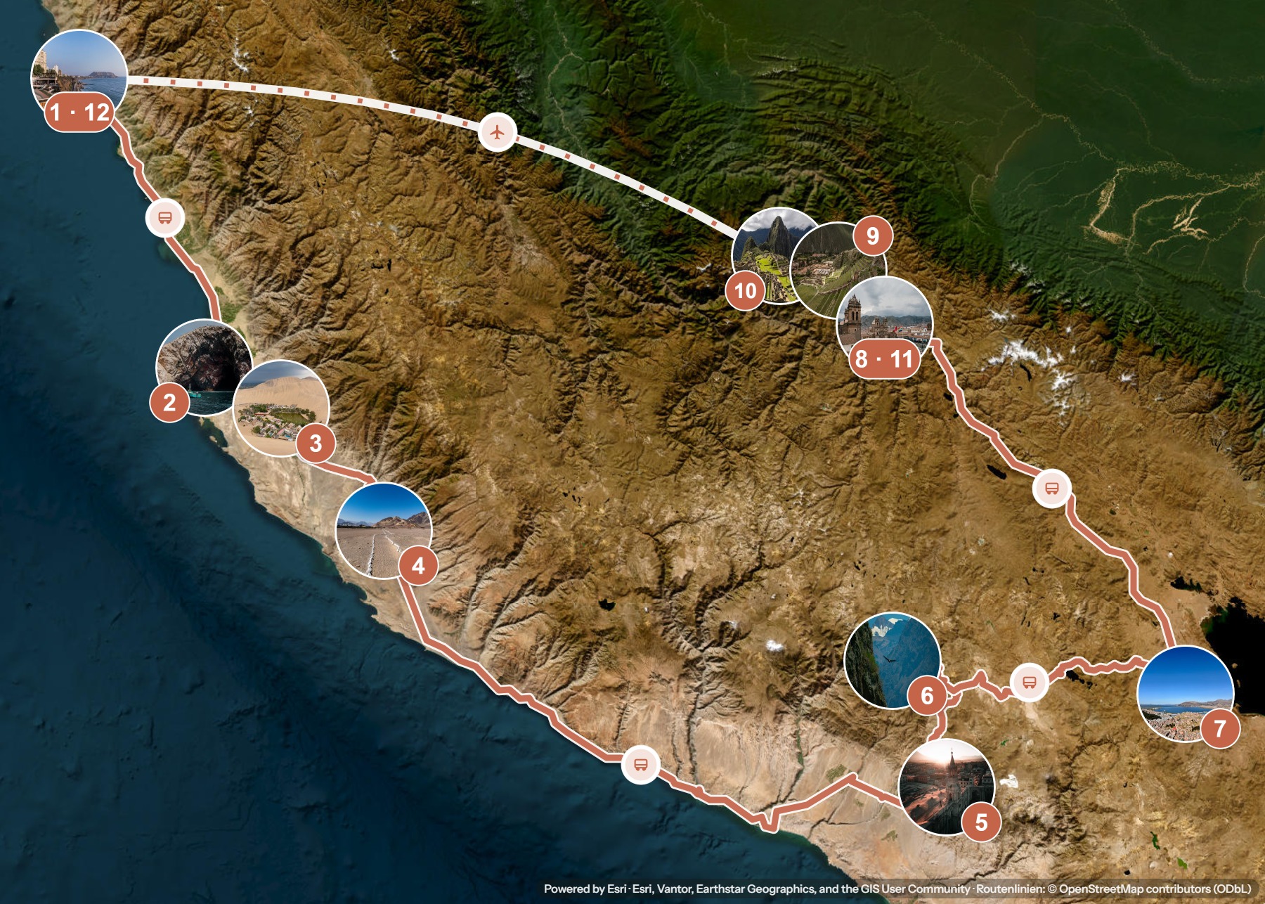 Routenkarte: Peru in drei Wochen: von der Wüstenküste über den Titicacasee nach Machu Picchu — 21 Tage, 12 Stopps, ~2.700 km, ideale Reisezeit: März bis Mai