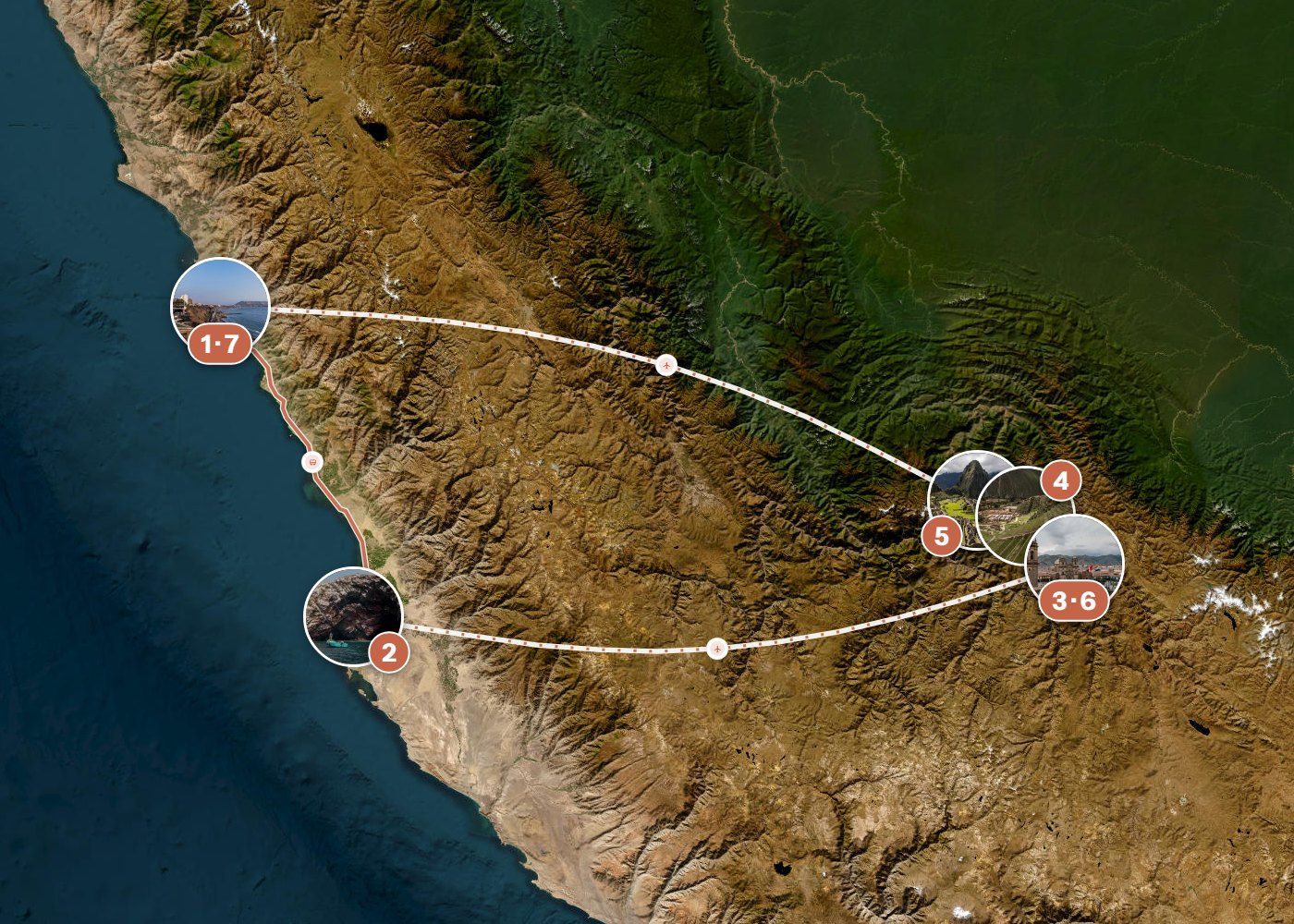 Routenkarte: Peru Entdecken: Von Küstennebeln zu Inka-Höhen — 14 Tage, 7 Stopps, ~1.760 km, ideale Reisezeit: Herbst
