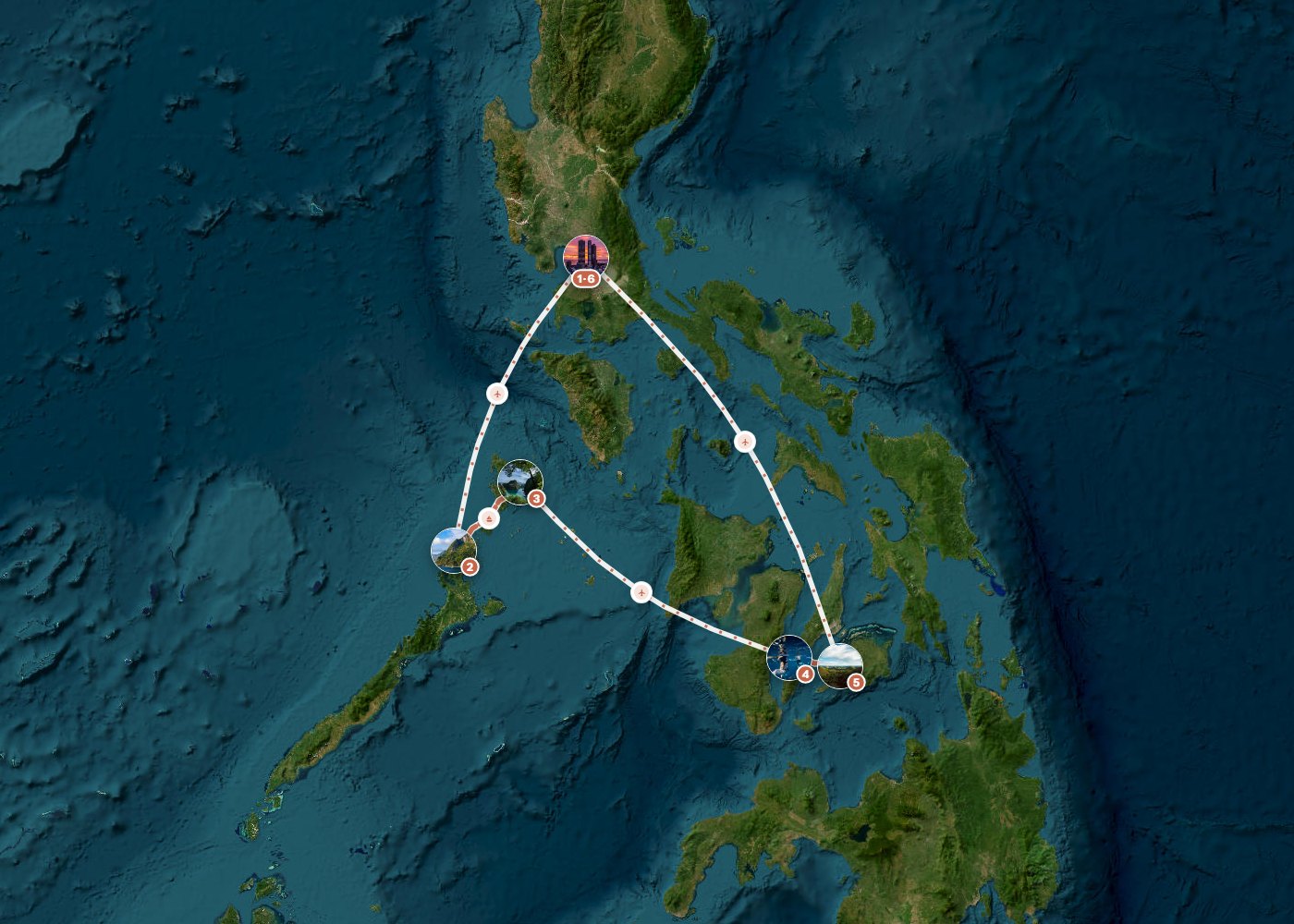 Routenkarte: Palawan & Visayas: Lagunen, Wracks und Sardine Run — 15 Tage, 6 Stopps, ~2.060 km, ideale Reisezeit: Frühling