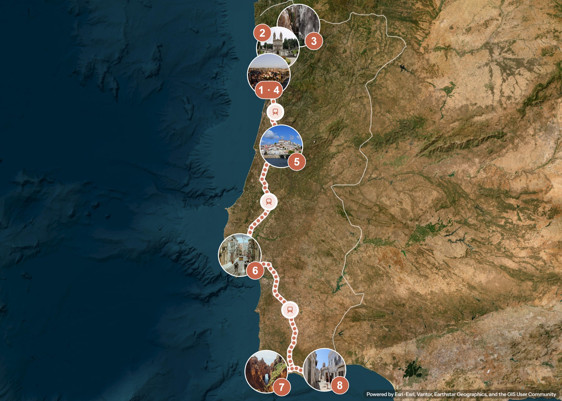 Routenkarte: Portugal von Porto bis Tavira: drei Wochen von Nord nach Süd — 20 Tage, 8 Stopps, ~900 km, ideale Reisezeit: Herbst