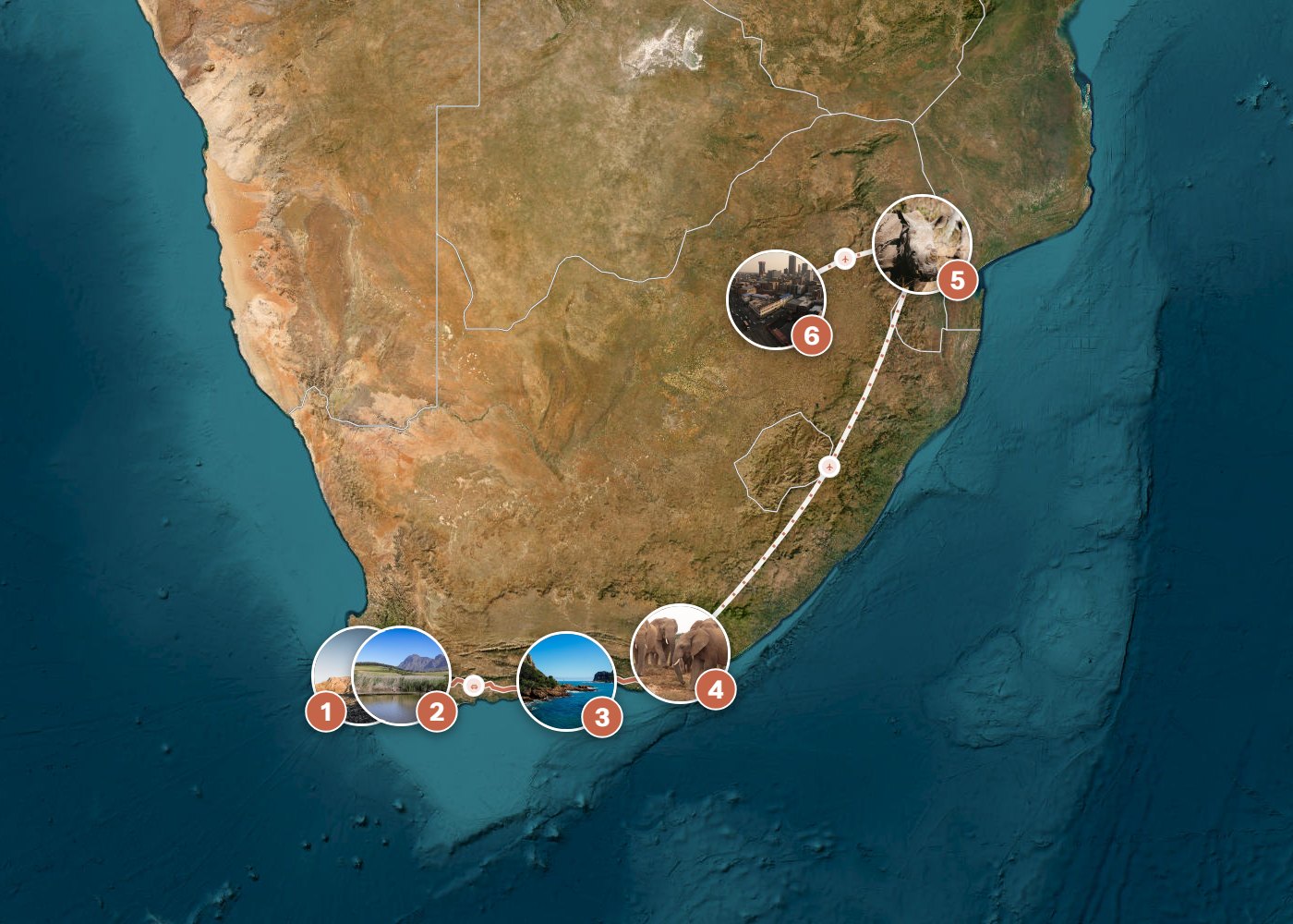 Routenkarte: Klassische Südafrika-Rundreise — 18 Tage, 6 Stopps, ~2.690 km, ideale Reisezeit: Frühling
