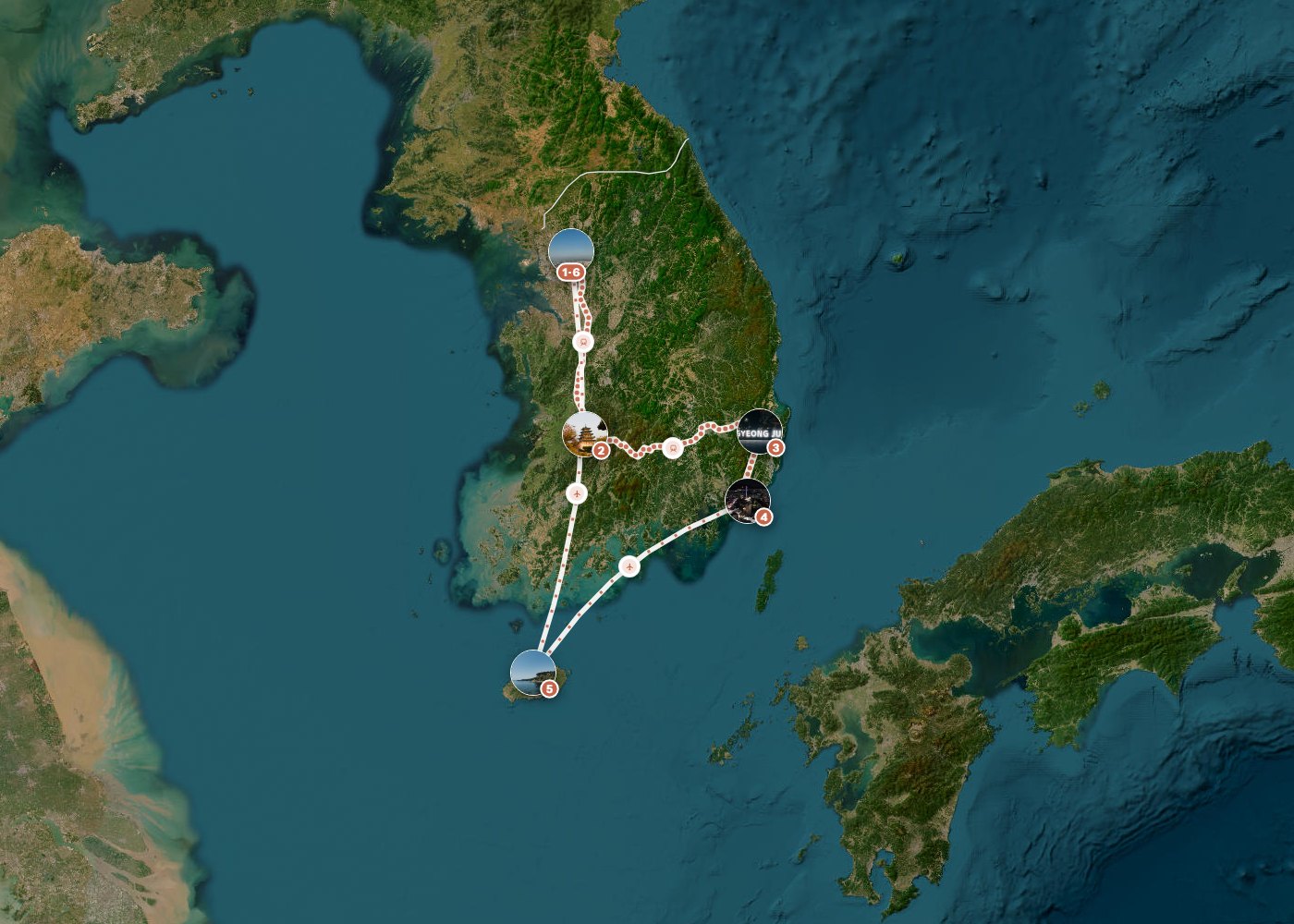Routenkarte: Südkorea klassisch: KTX-Süden & Jeju in 13 Tagen — 13 Tage, 6 Stopps, ~1.510 km, ideale Reisezeit: Herbst