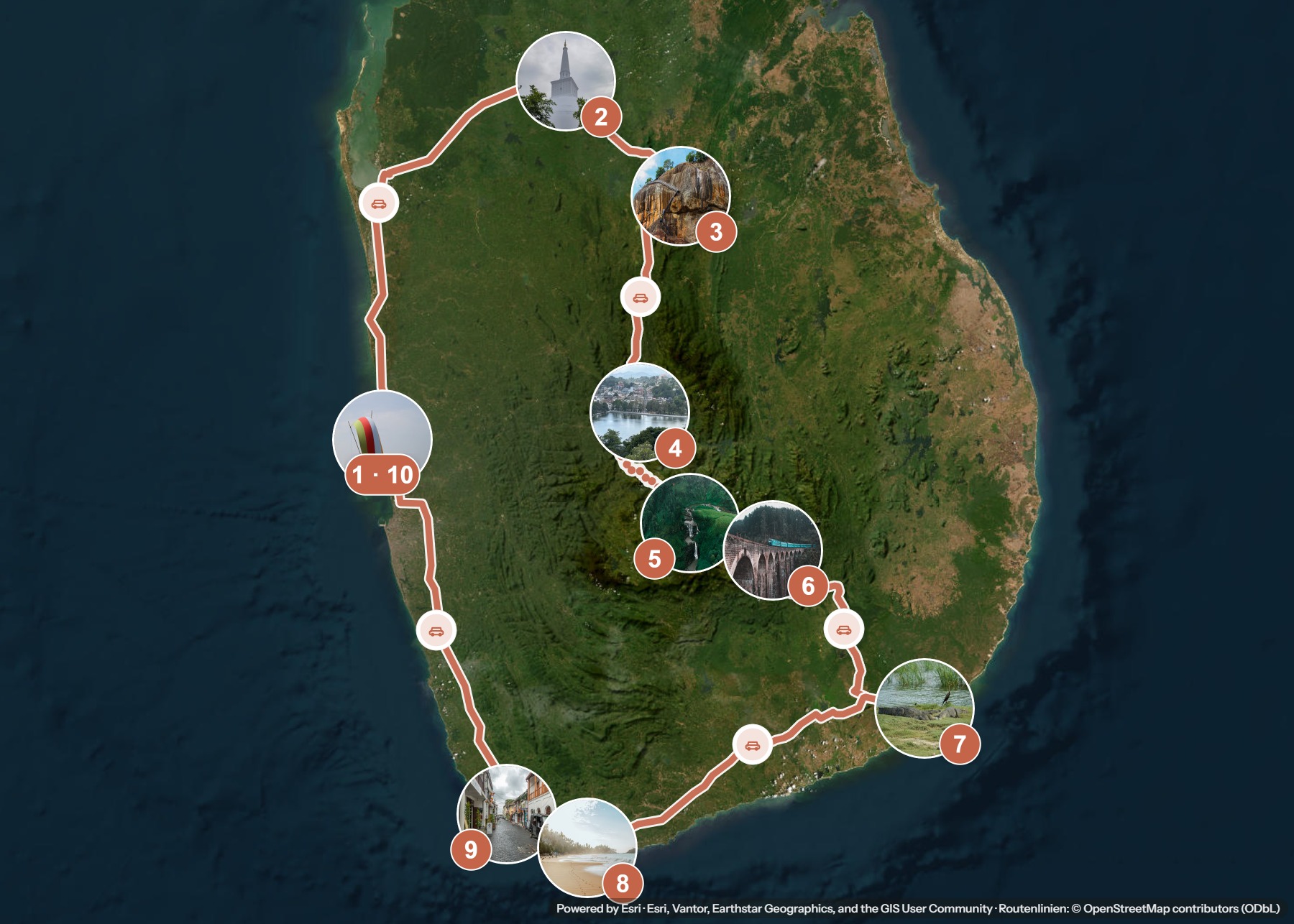 Routenkarte: Sri Lanka in drei Wochen: Königsstädte, Hochlandzug und Südküste — 21 Tage, 10 Stopps, ~880 km, ideale Reisezeit: Dezember bis Februar