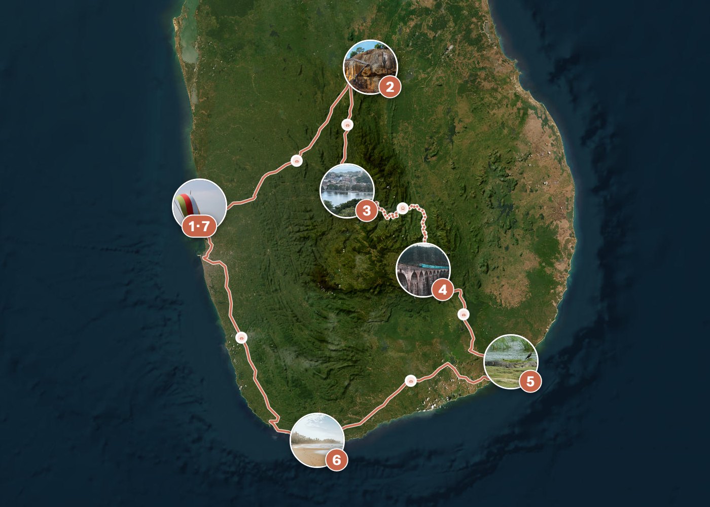 Routenkarte: Klassische Sri Lanka-Route in 14 Tagen — 14 Tage, 7 Stopps, ~790 km, ideale Reisezeit: Winter