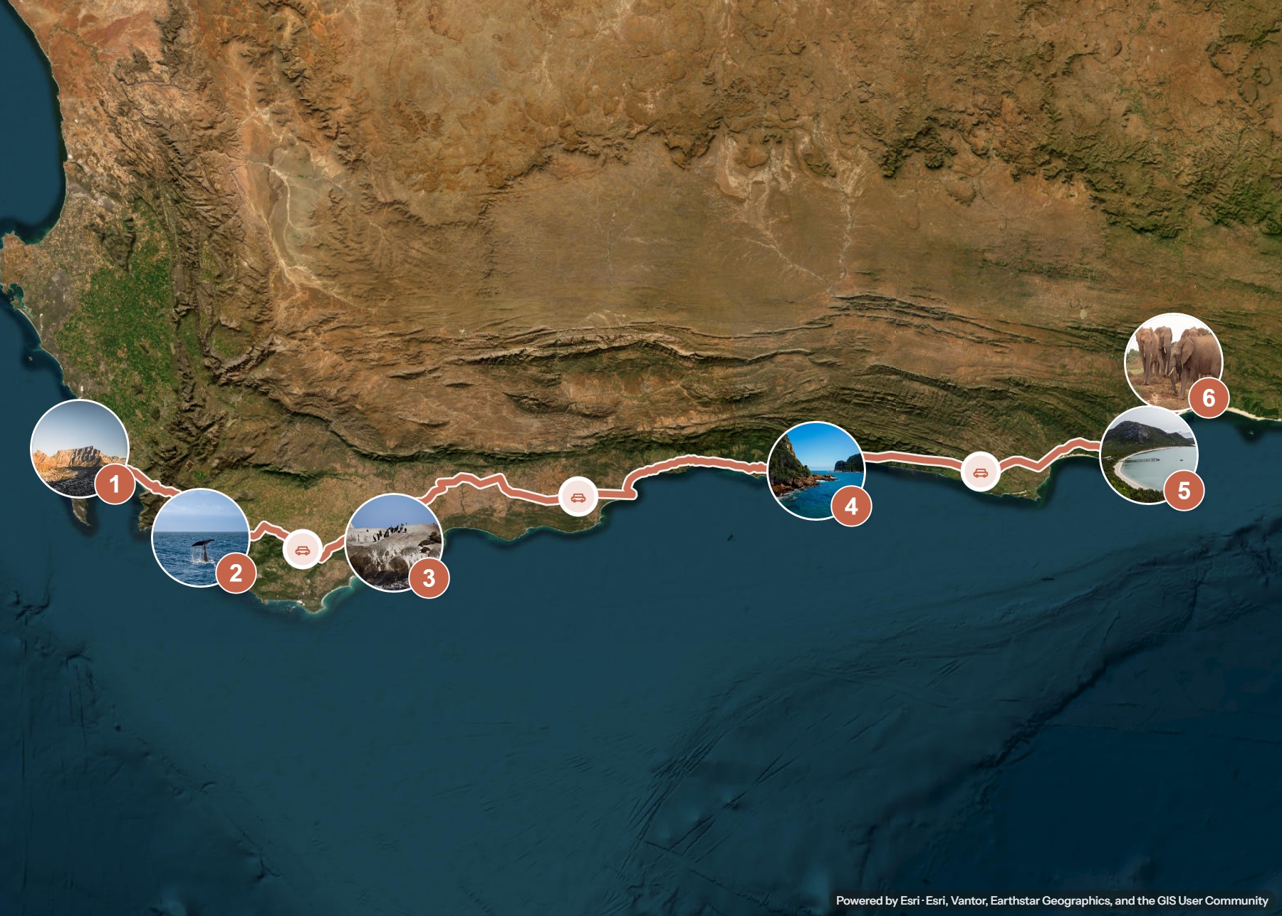 Routenkarte: Kapstadt und Garden Route zum Addo Elephant Park — 14 Tage, 6 Stopps, ~930 km, ideale Reisezeit: Frühling