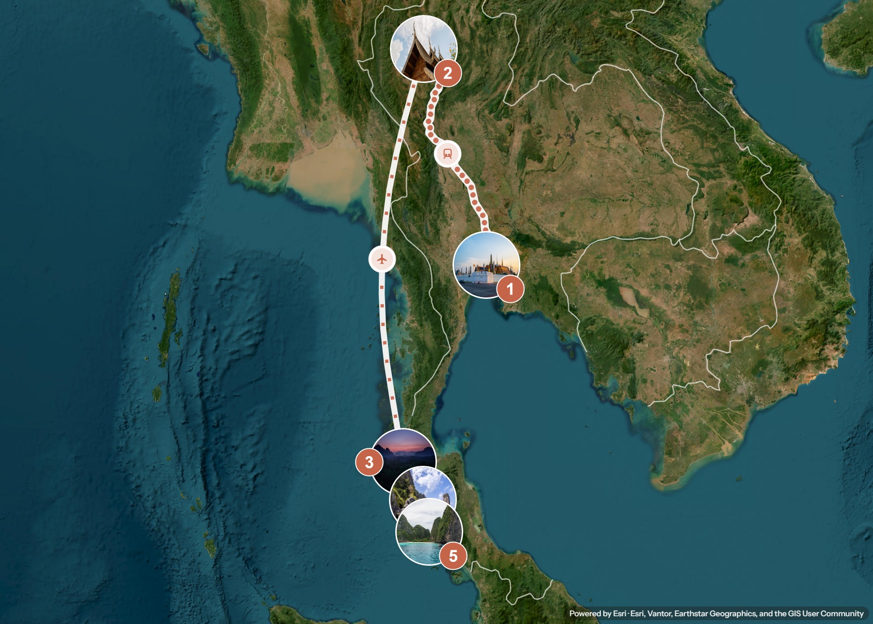 Routenkarte: Familienreise von Bangkok nach Krabi: Kultur, Dschungel und Inselstrände — 21 Tage, 6 Stopps, ~2.390 km, ideale Reisezeit: Winter