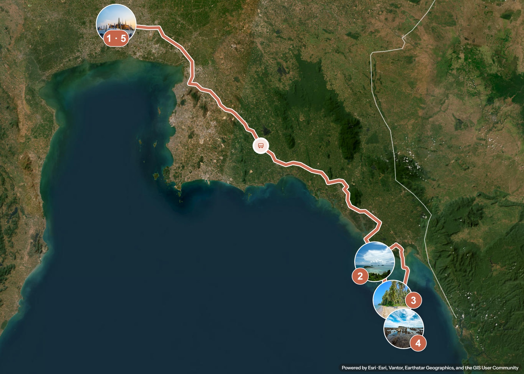 Routenkarte: Bangkok und Ostküsteninseln: Ko Chang, Koh Mak, Koh Kood — 18 Tage, 5 Stopps, ~810 km, ideale Reisezeit: Winter