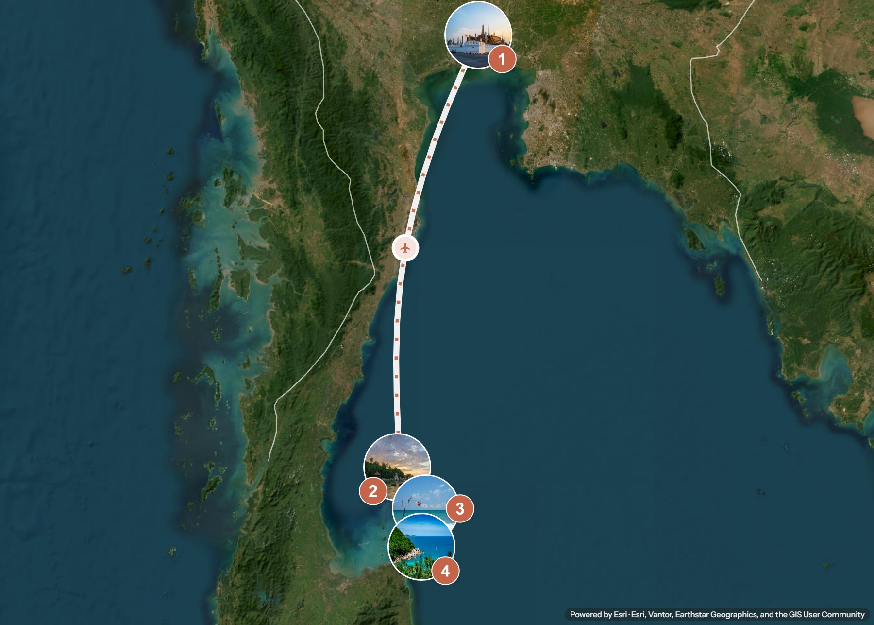 Routenkarte: Thailand Golfküste: Kultur und Inselhüpfen — 19 Tage, 4 Stopps, ~600 km, ideale Reisezeit: Sommer