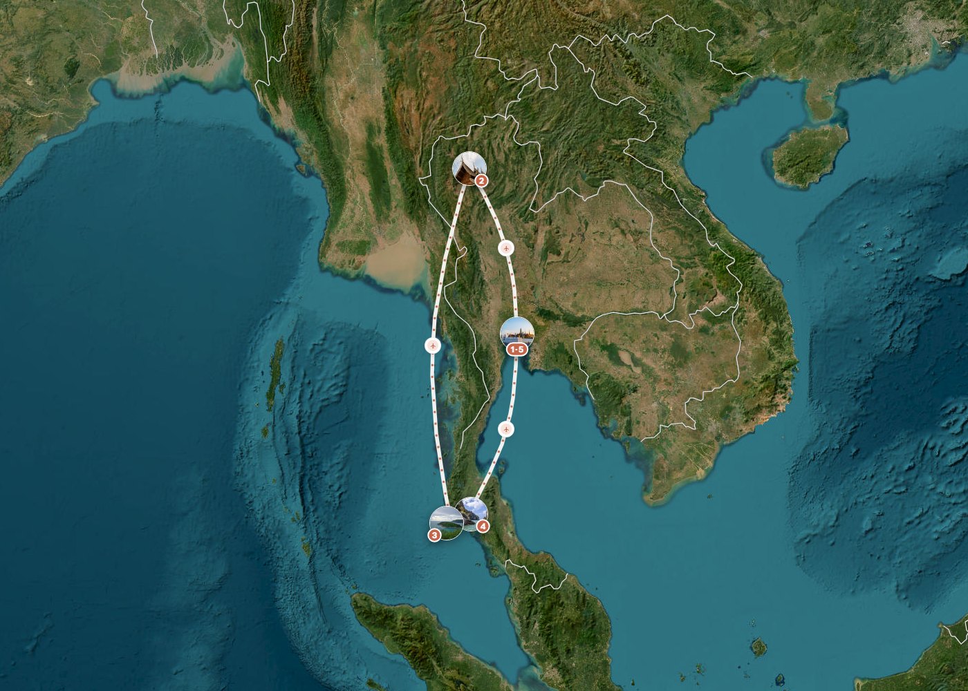 Routenkarte: Klassische Thailand-Route in 15 Tagen — 15 Tage, 5 Stopps, ~3.140 km, ideale Reisezeit: Winter