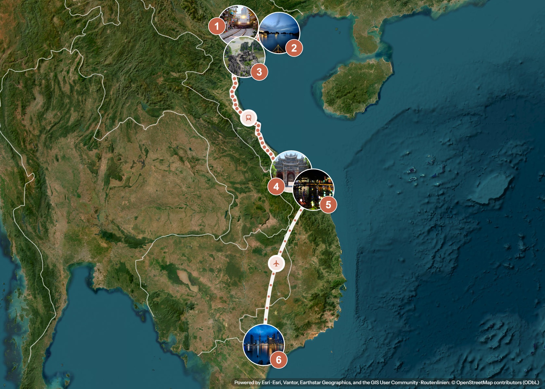 Routenkarte: Vietnam: Von Hanoi über die Kaiserstadt nach Saigon — 14 Tage, 6 Stopps, ~1.800 km, ideale Reisezeit: März bis Mai