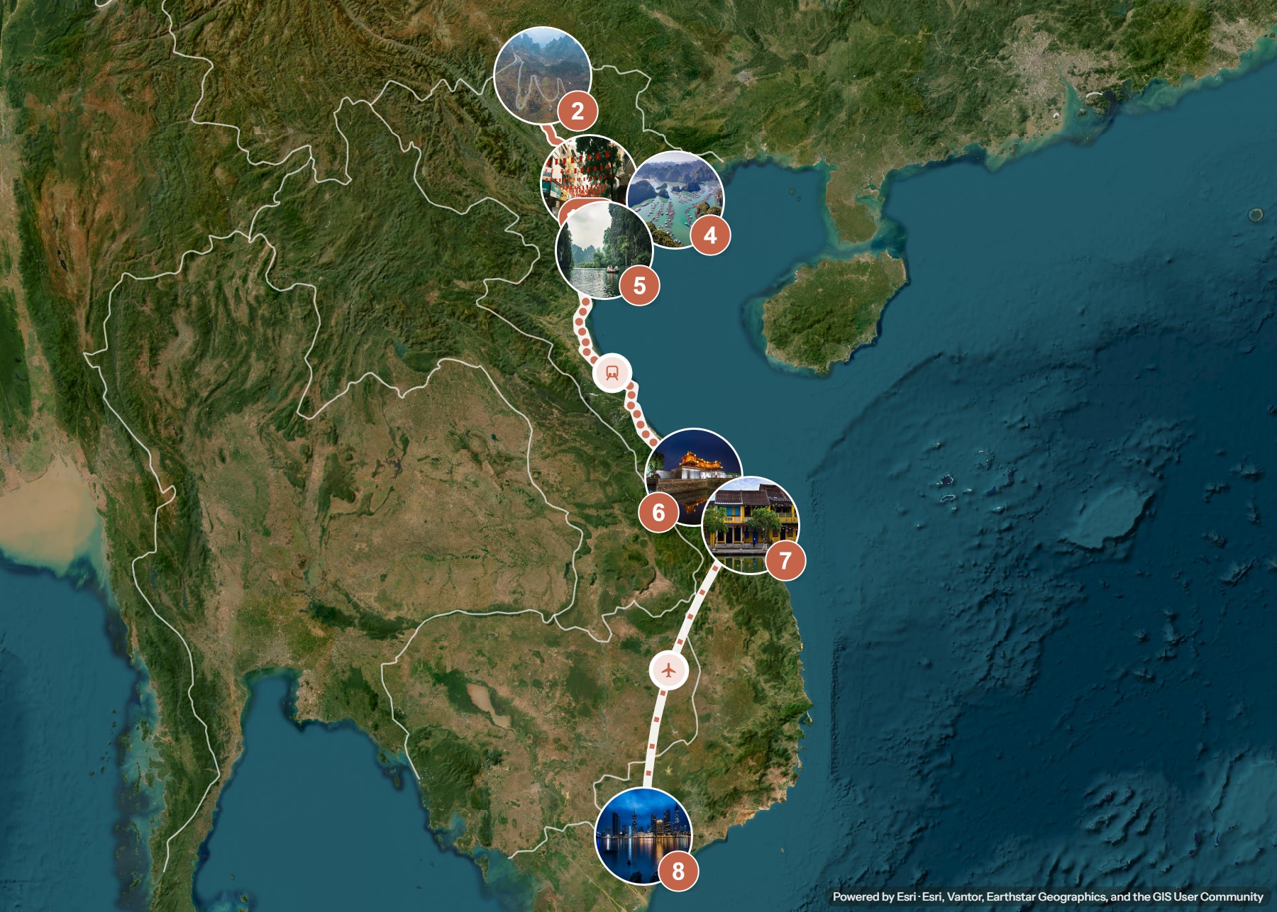 Routenkarte: Vietnams Norden bis Süden: Ha Giang Loop, Halong und Kaiserstädte — 18 Tage, 8 Stopps, ~2.350 km, ideale Reisezeit: Herbst