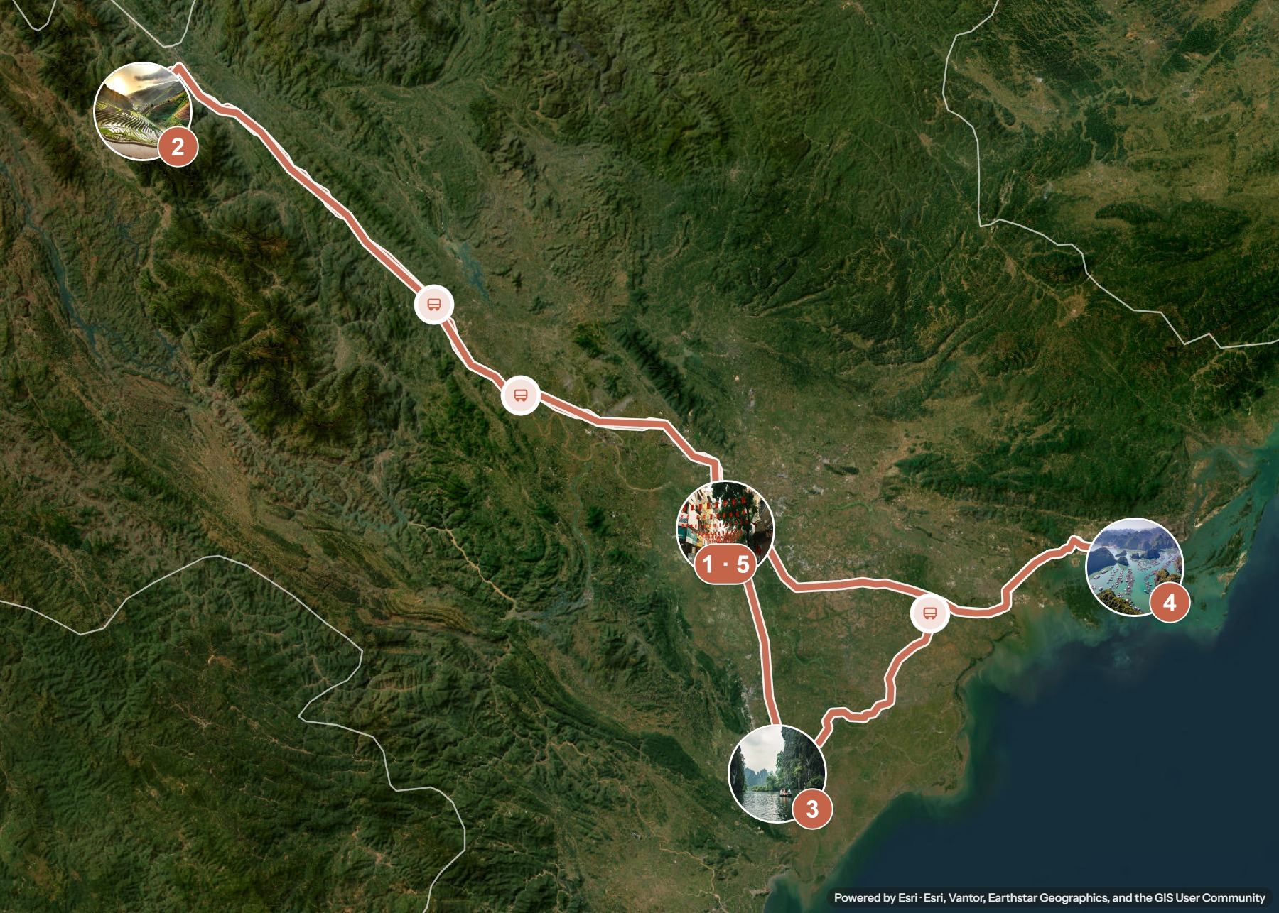 Routenkarte: Nordvietnam-Runde: Hanoi, Sa Pa, Ninh Binh und die Ha-Long-Bucht — 14 Tage, 5 Stopps, ~1.070 km, ideale Reisezeit: Herbst