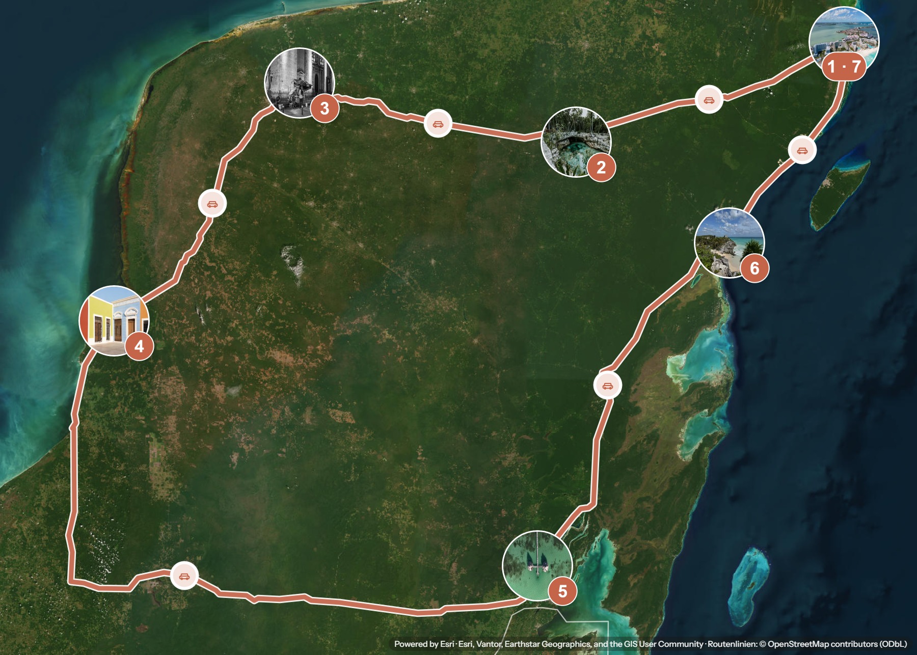 Routenkarte: Yucatán mit dem Mietwagen: Maya-Stätten, Cenoten und Karibikküste — 15 Tage, 7 Stopps, ~1.290 km, ideale Reisezeit: Dezember bis Februar